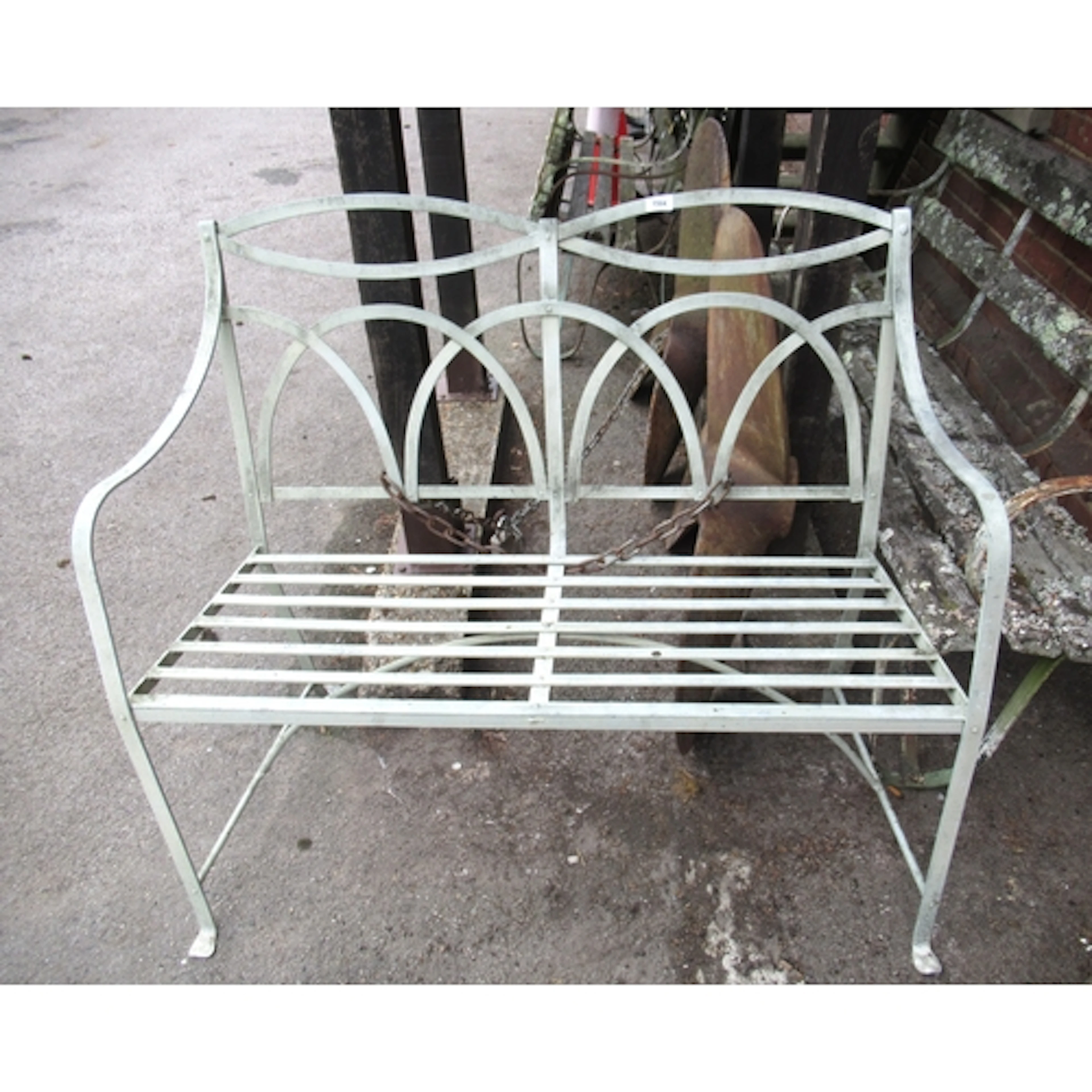 Modern painted wrought iron two seat garden bench, 108cm wid...