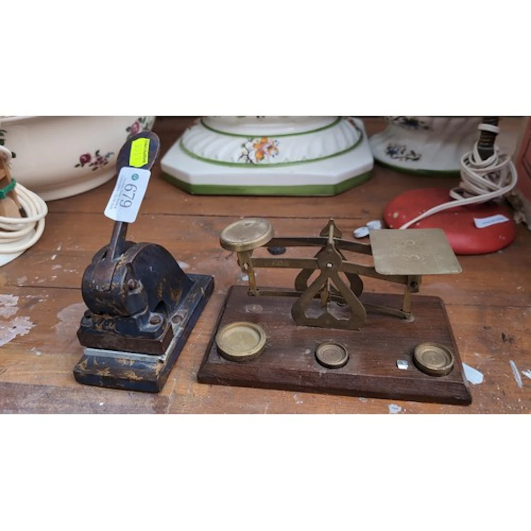 Postal letter balance with brass pans and engraved rate char...
