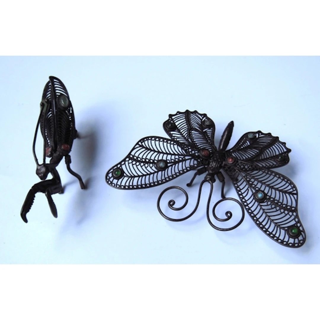 Two Bronze Desk Figures Locus and Butterfly Stone Inset Larg...