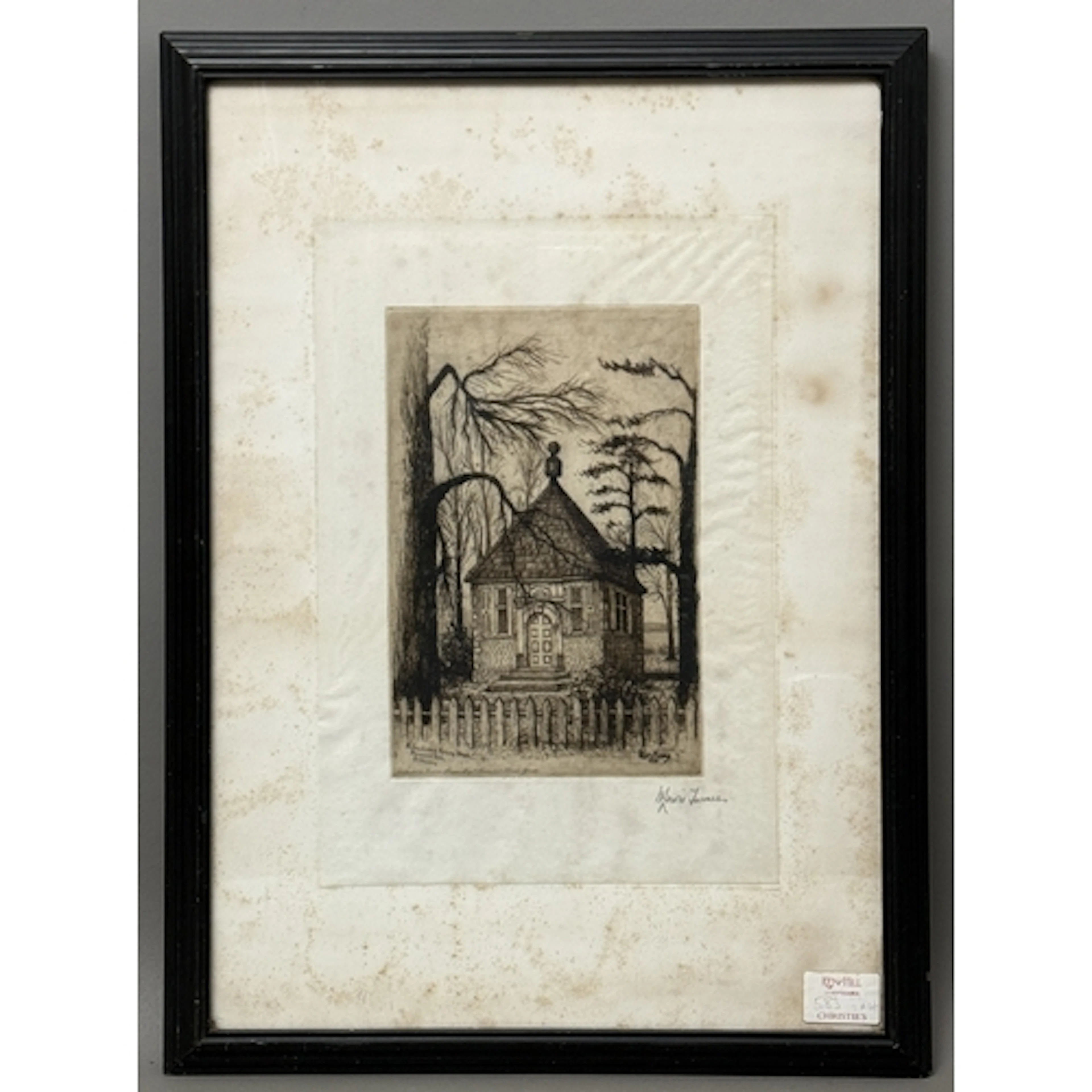 A black and white framed etching of Walton Cotton fishing ho...