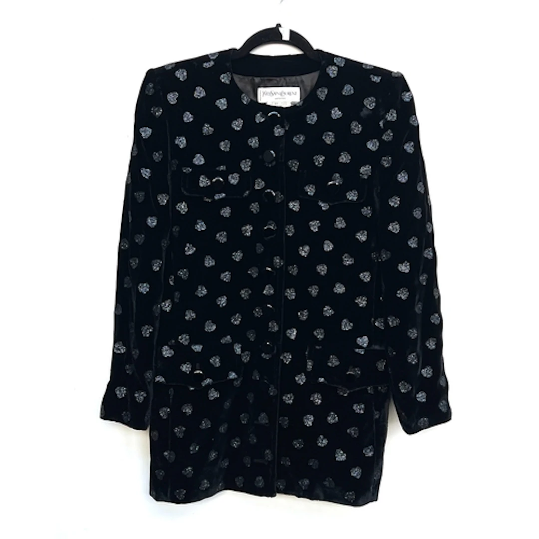 A Yves Saint Lauren black velvet jacket with glitter heart d...