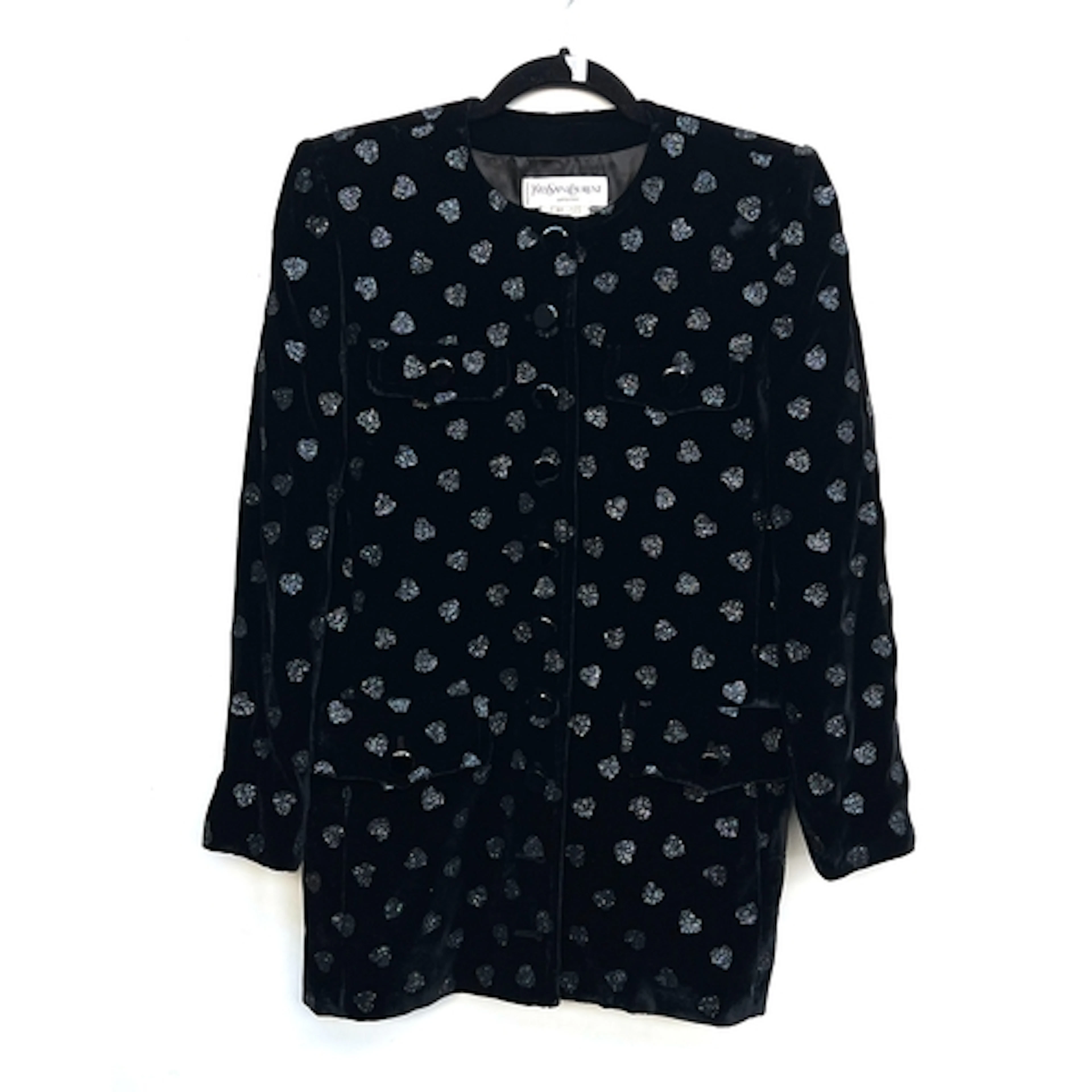 A Yves Saint Lauren black velvet jacket with glitter heart d...