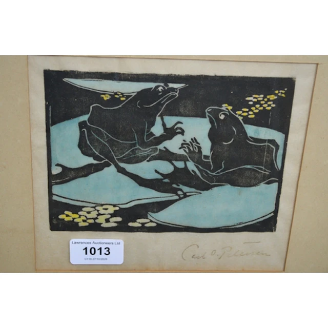 Carl Olaf Petersen, signed lino cut print, frogs in conversa...