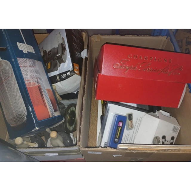 2 boxes of mixed items to include harmonicas, recorders, cha...