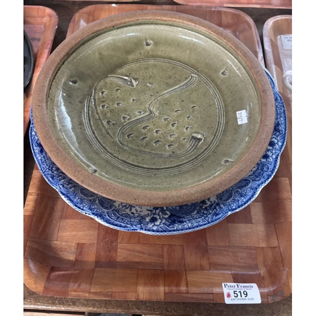 Studio pottery shallow celadon ground abstract bowl together...