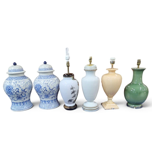 A pair of of faux jars and covers, two Victorian glass vase ...
