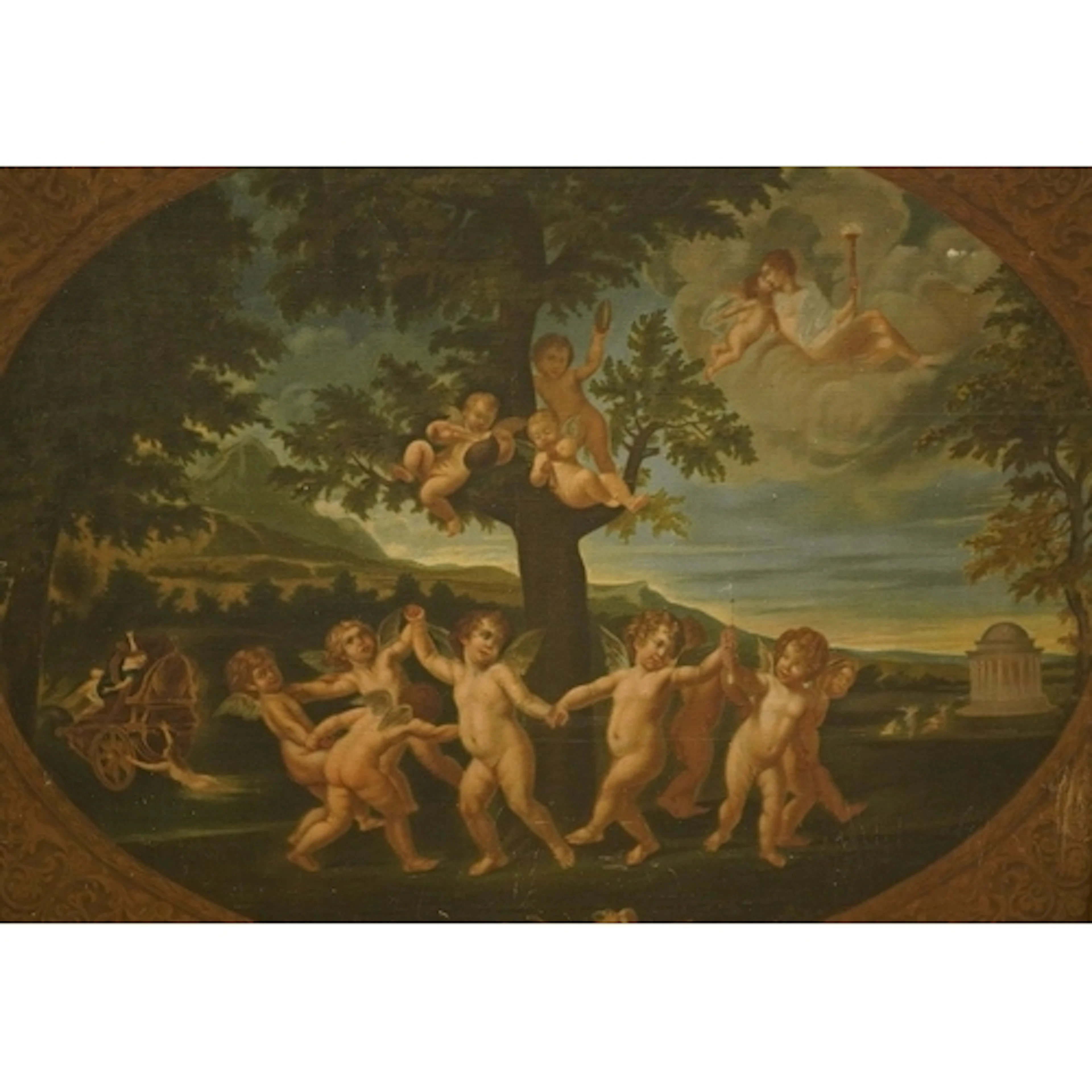 A tapestry picture depicting cherubs in an Italianate landsc...