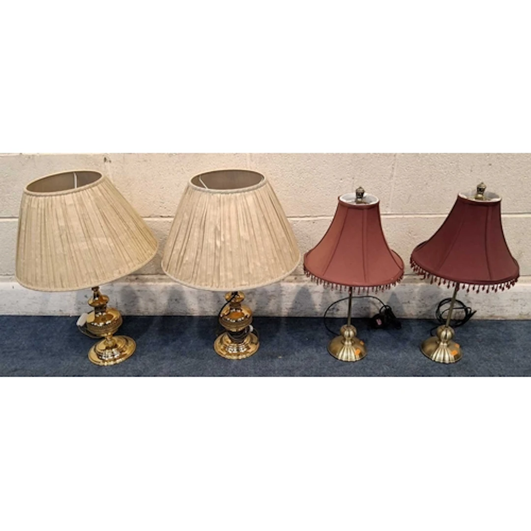 TWO PAIRS OF BRASS TABLE LAMPS, all with shades (taller lam...