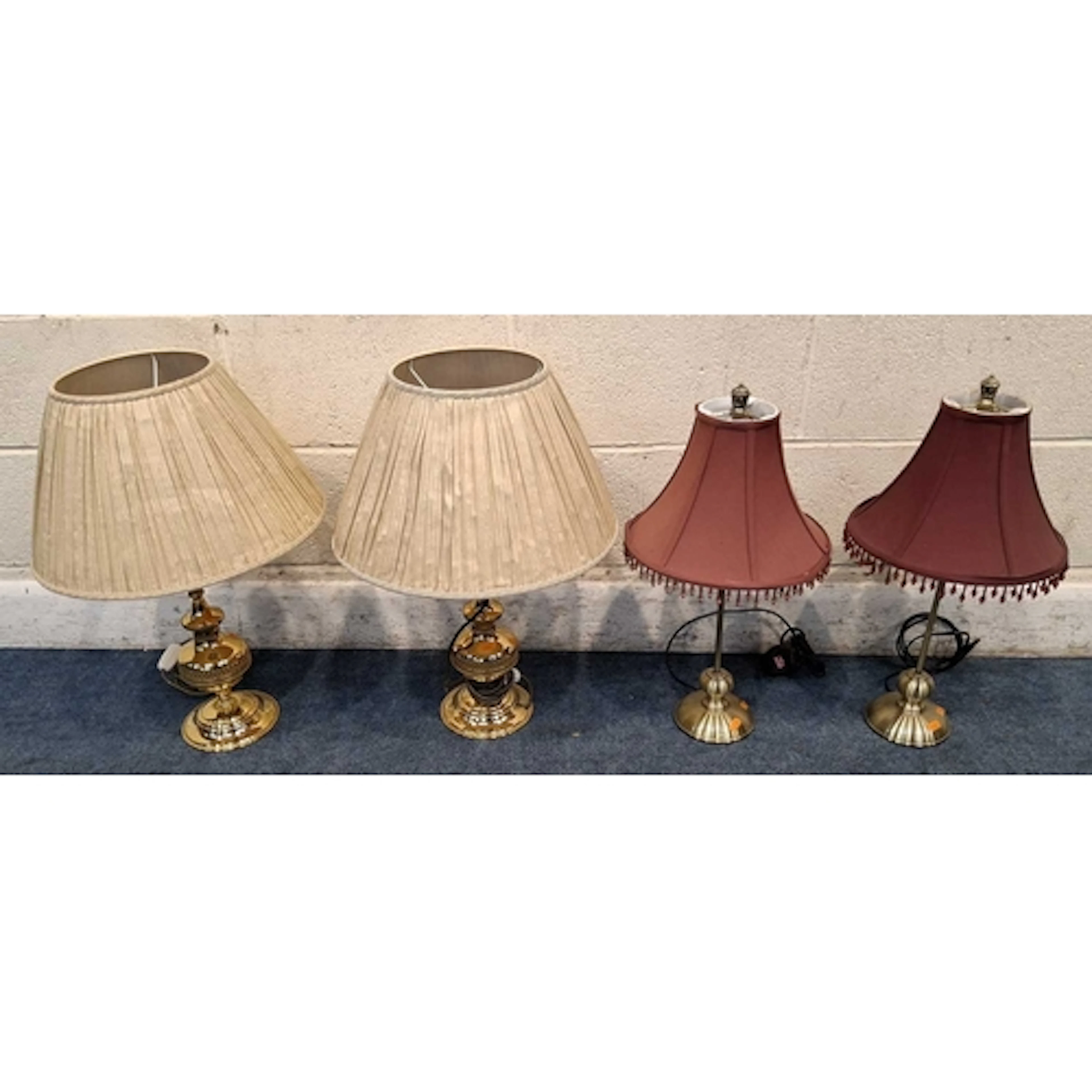 TWO PAIRS OF BRASS TABLE LAMPS, all with shades (taller lam...