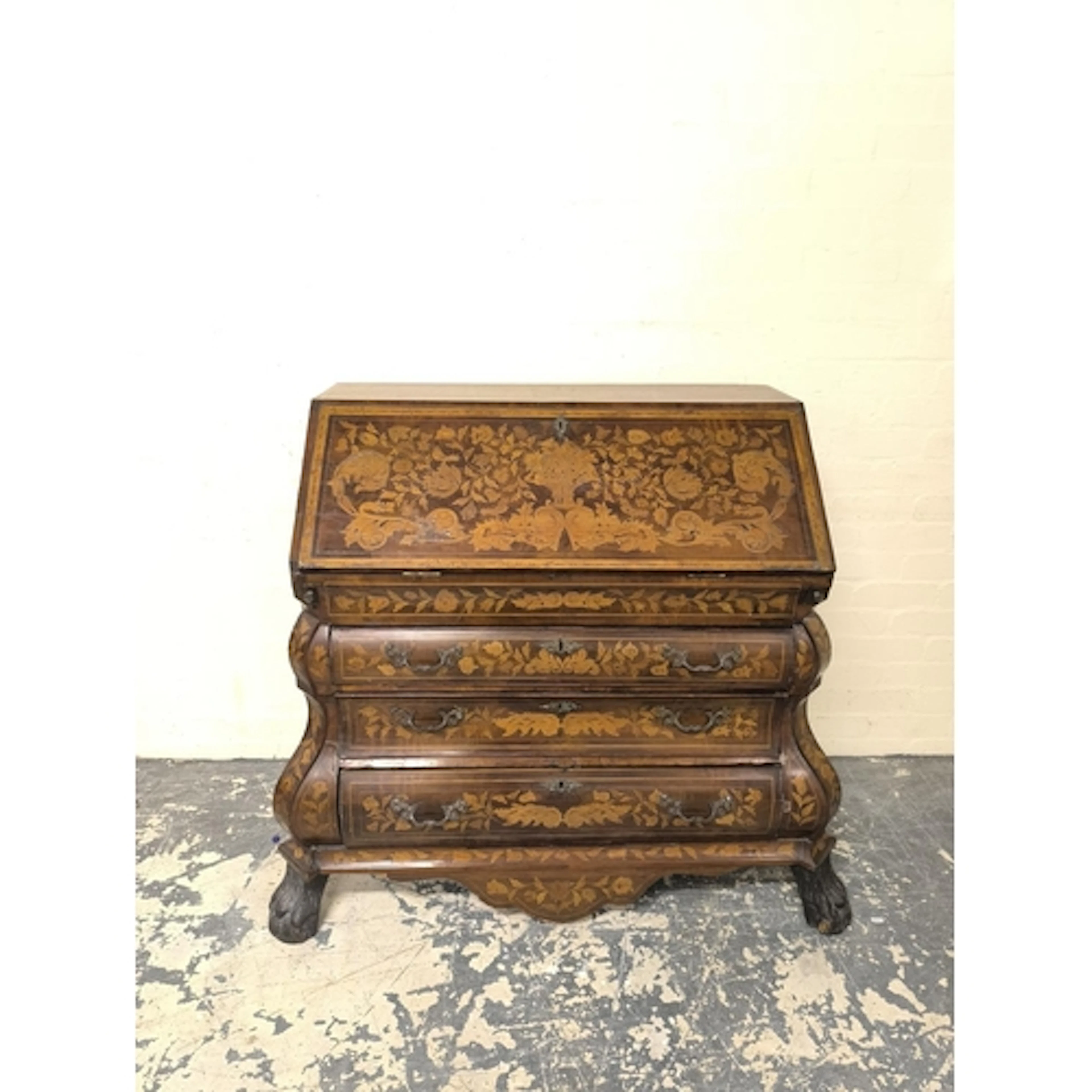 Late 18th century Dutch walnut and marquetry bureau of bombé...