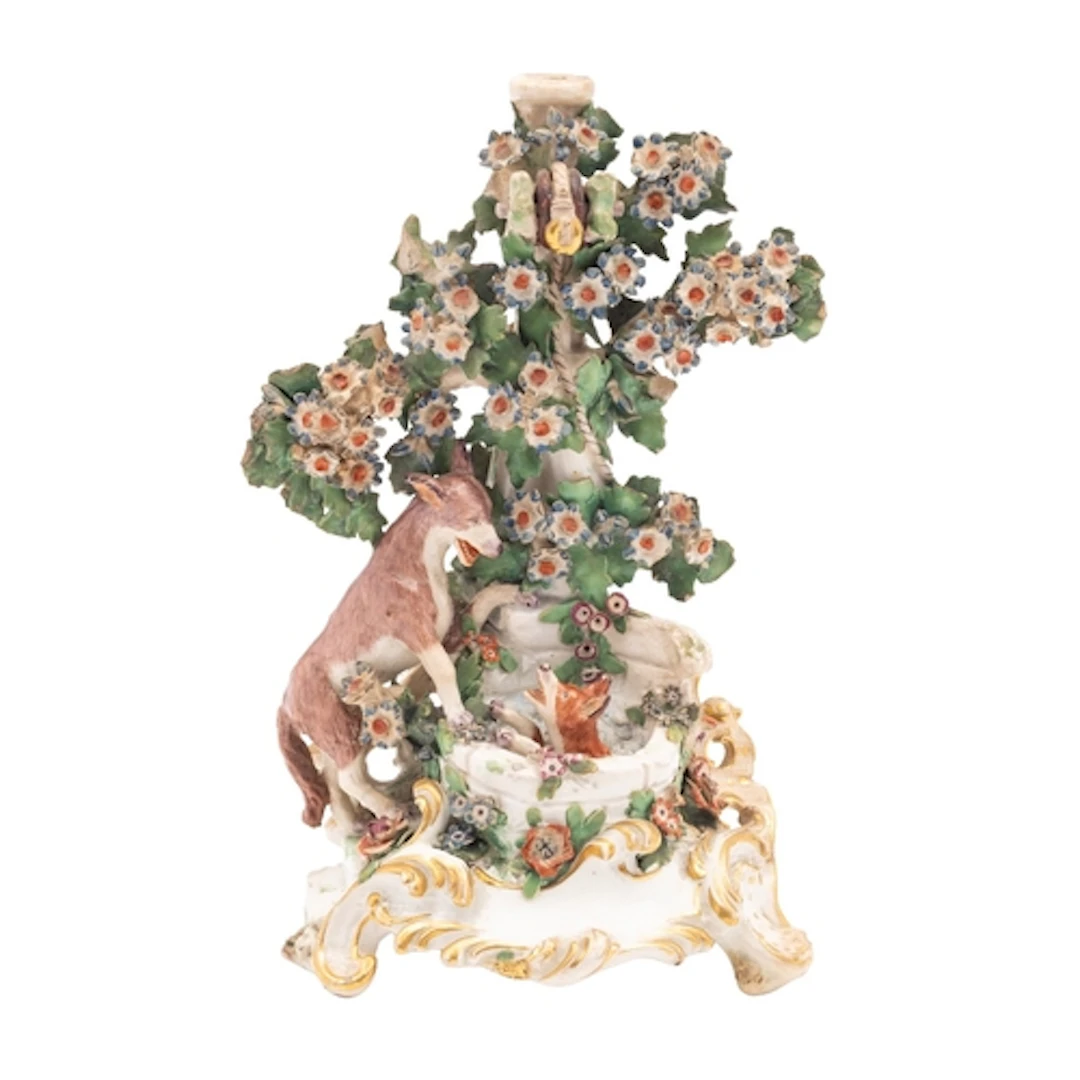 A Chelsea Aesop's Fable candlestick figure of 'The Fox in th...