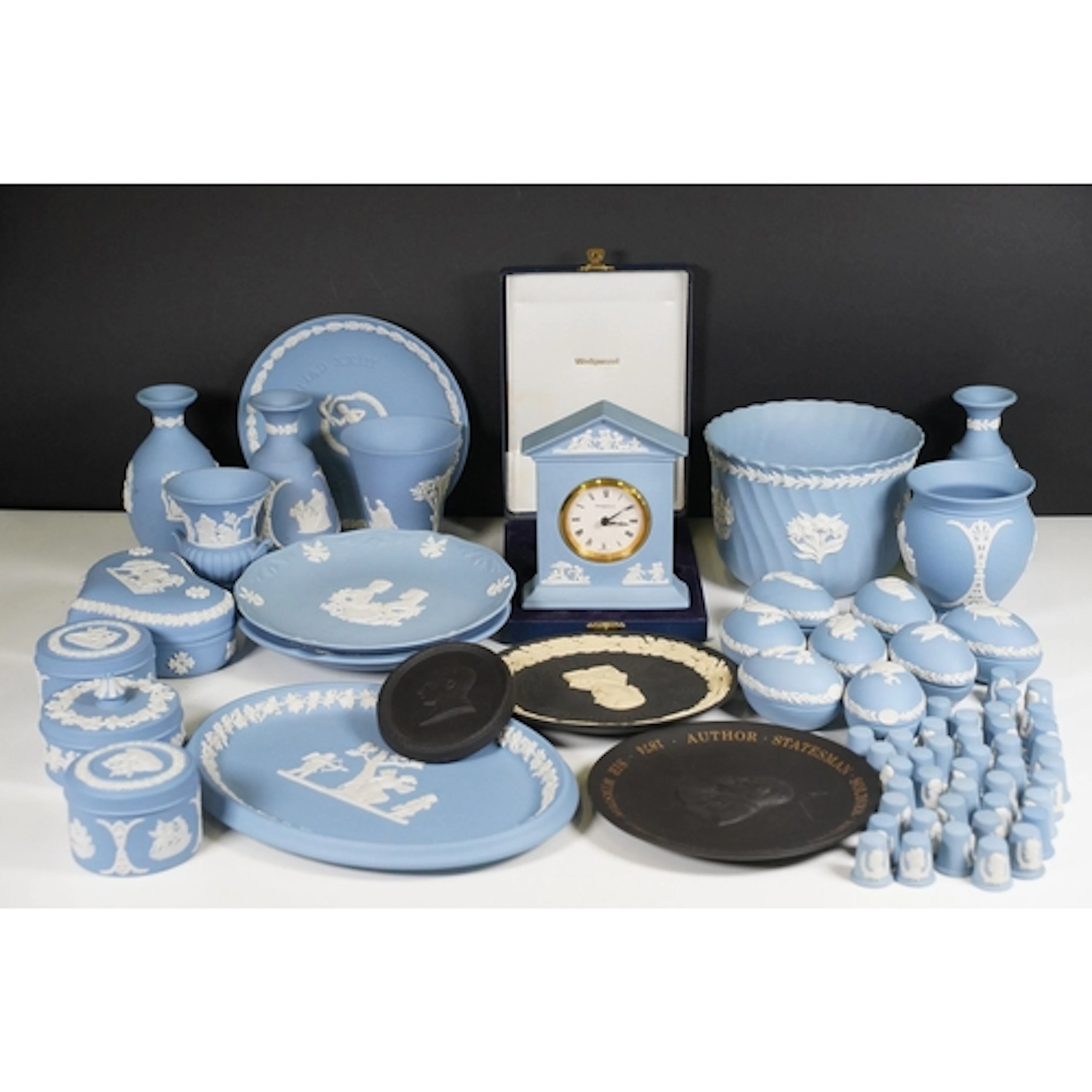 Wedgwood blue jasperware to comprise a boxed mantel clock, c...