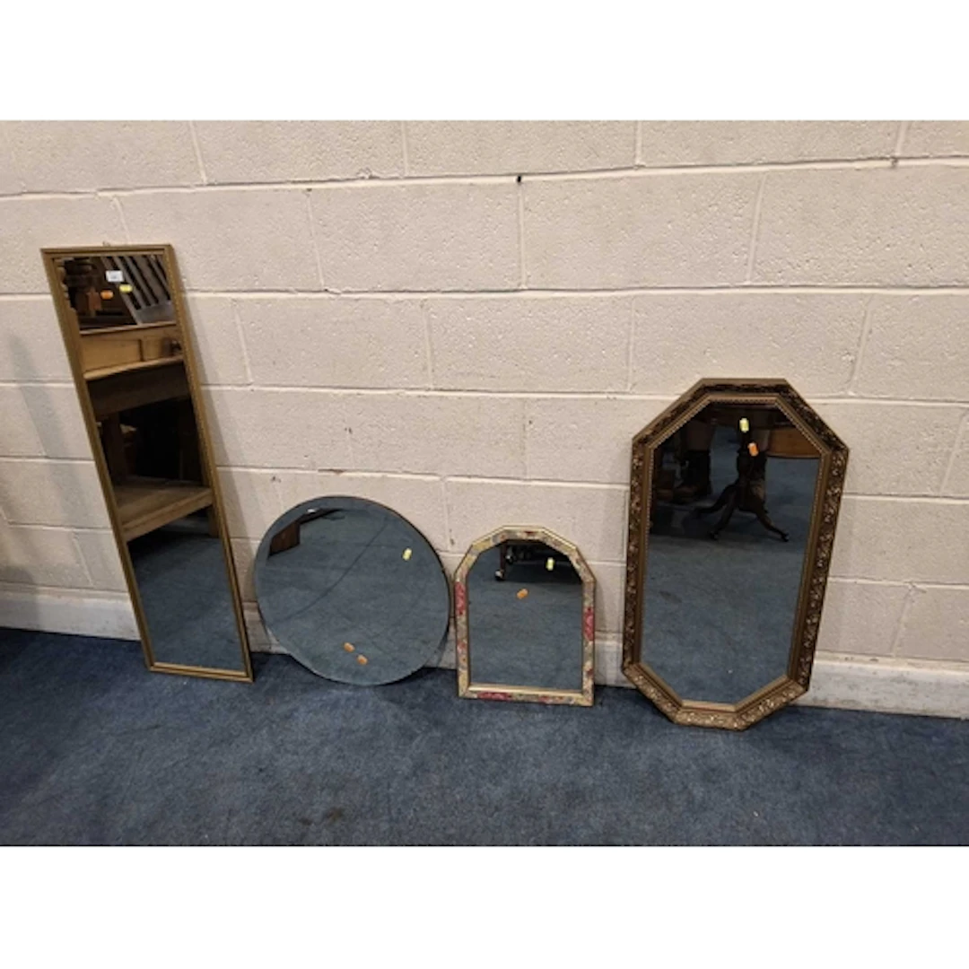 FOUR WALL MIRRORS, varying in shape, size, style, etc (larg...