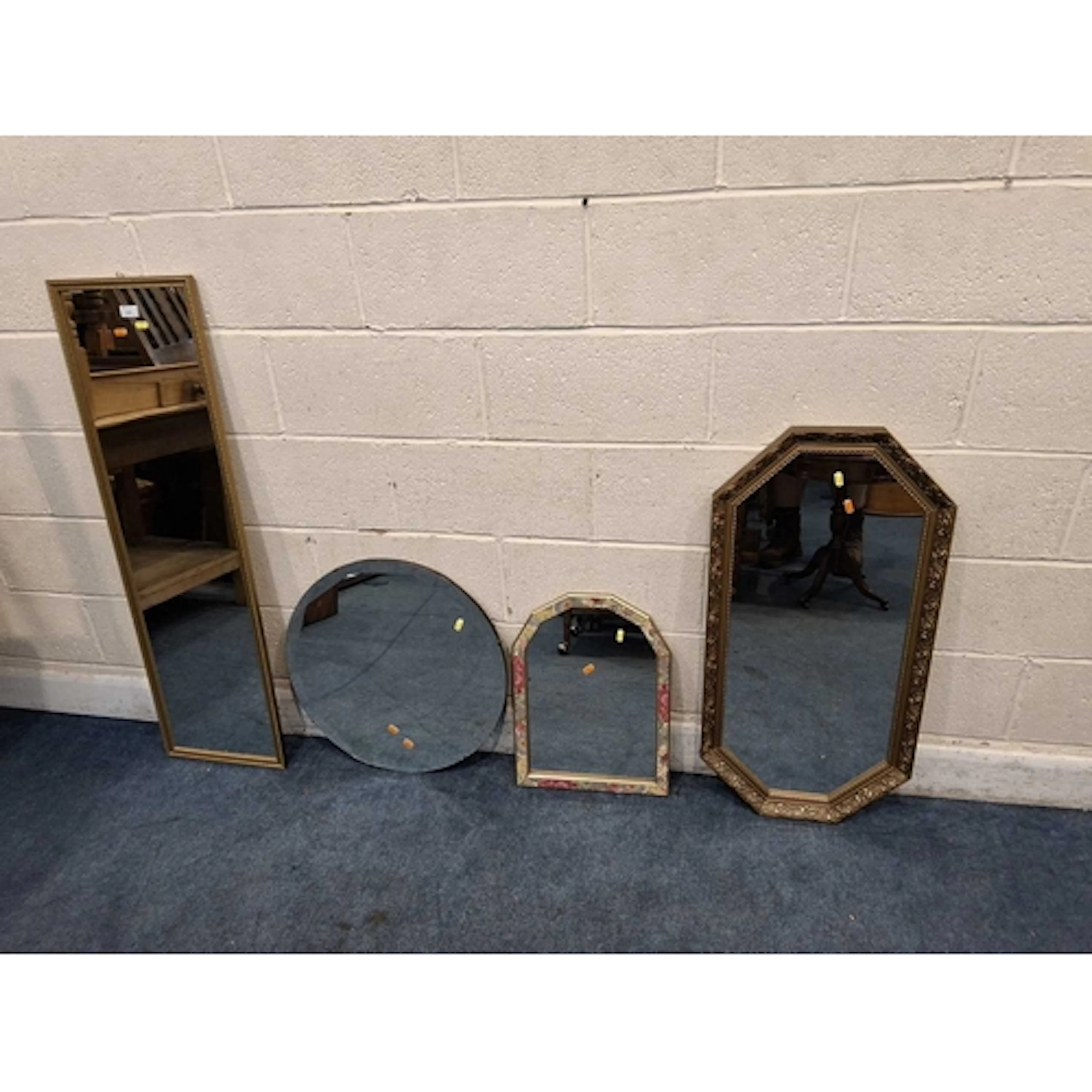FOUR WALL MIRRORS, varying in shape, size, style, etc (larg...