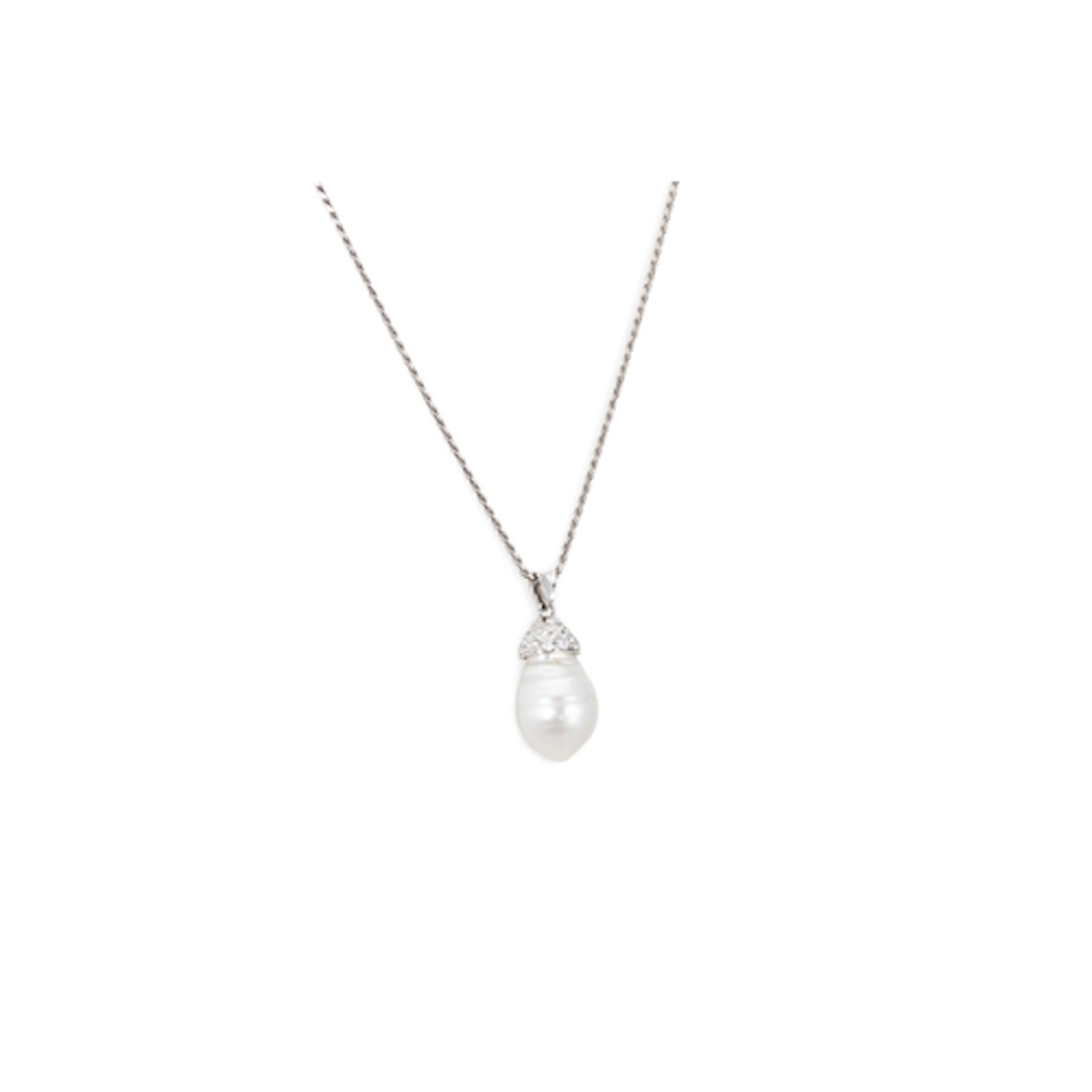 A PEARL AND DIAMOND PENDANT, on an 18ct white gold chain. Es...
