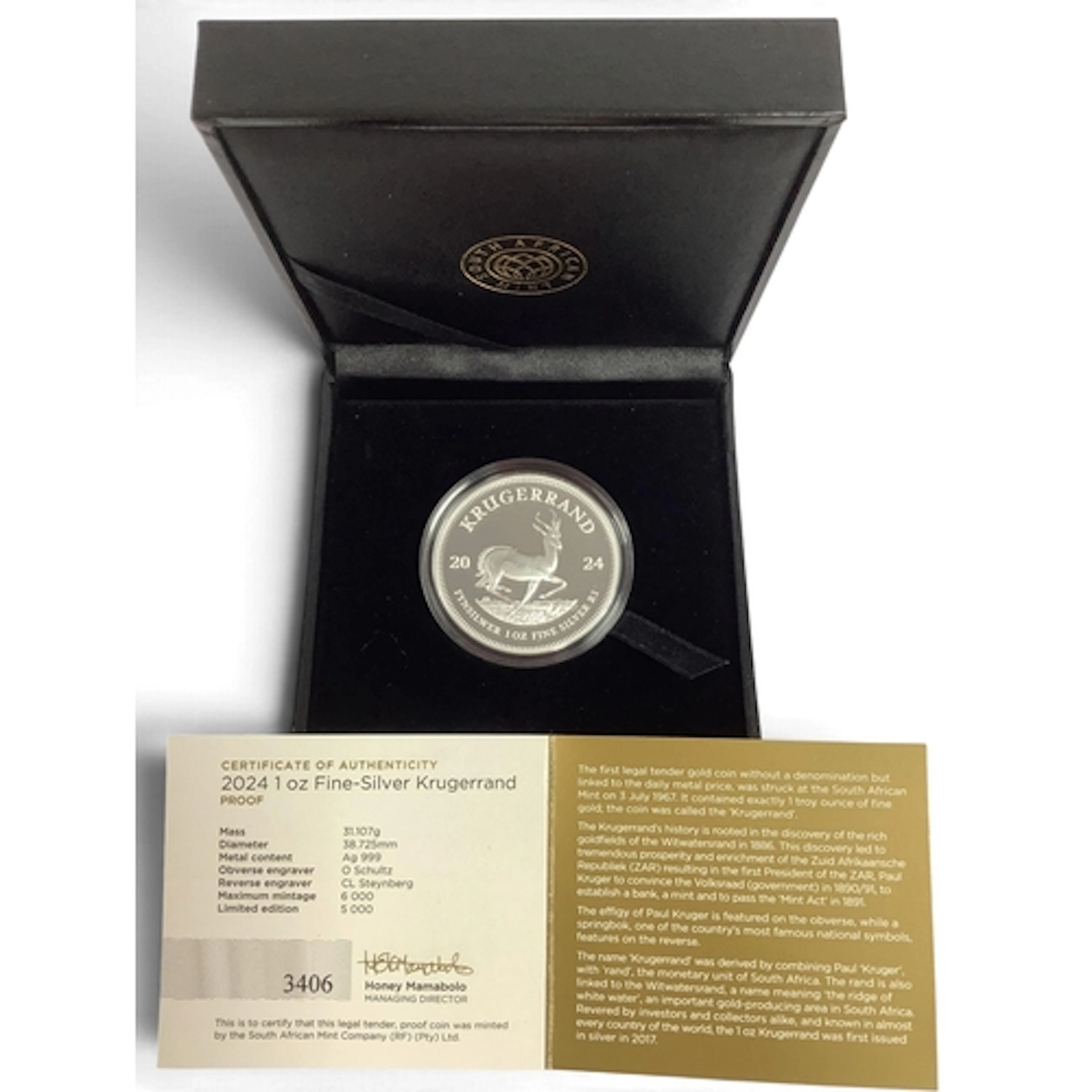 2024 South African Mint One Ounce Fine Silver Krugerrand, ca...