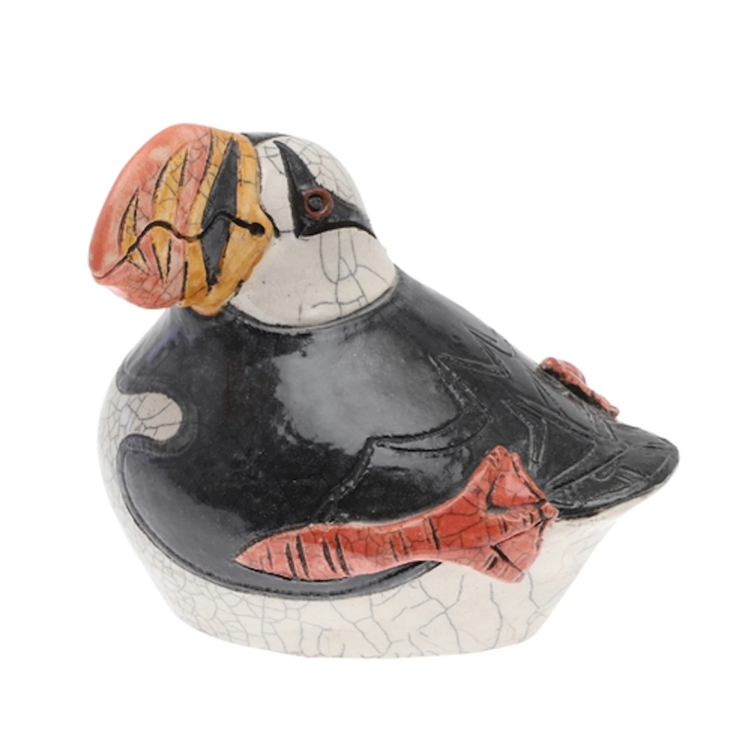 JENNIE HALE (B 1956). RAKU STUDIO POTTERY FIGURE OF A PUFFIN...
