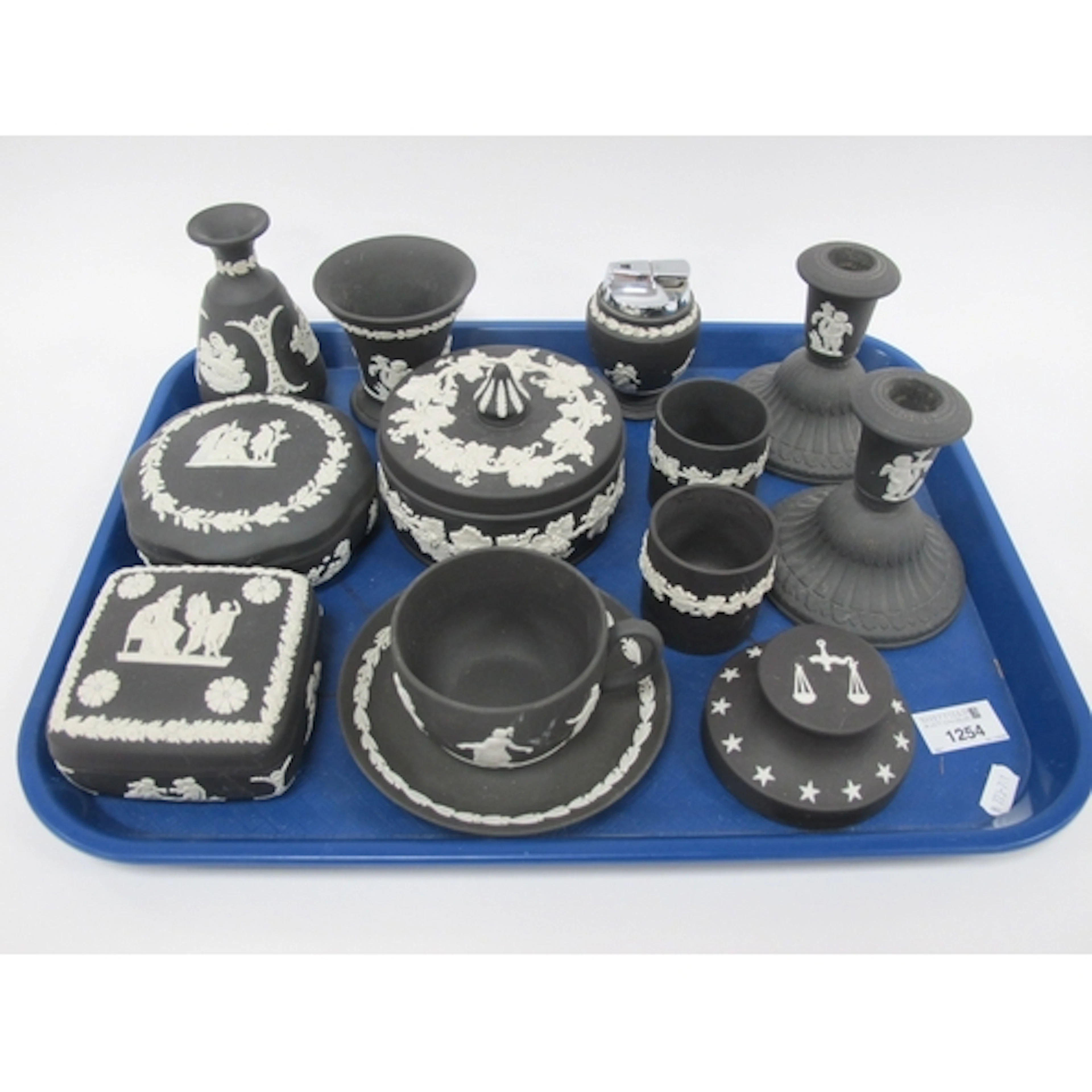 Black Wedgwood Jasper Ware - lighter, candlesticks, vase, cu...