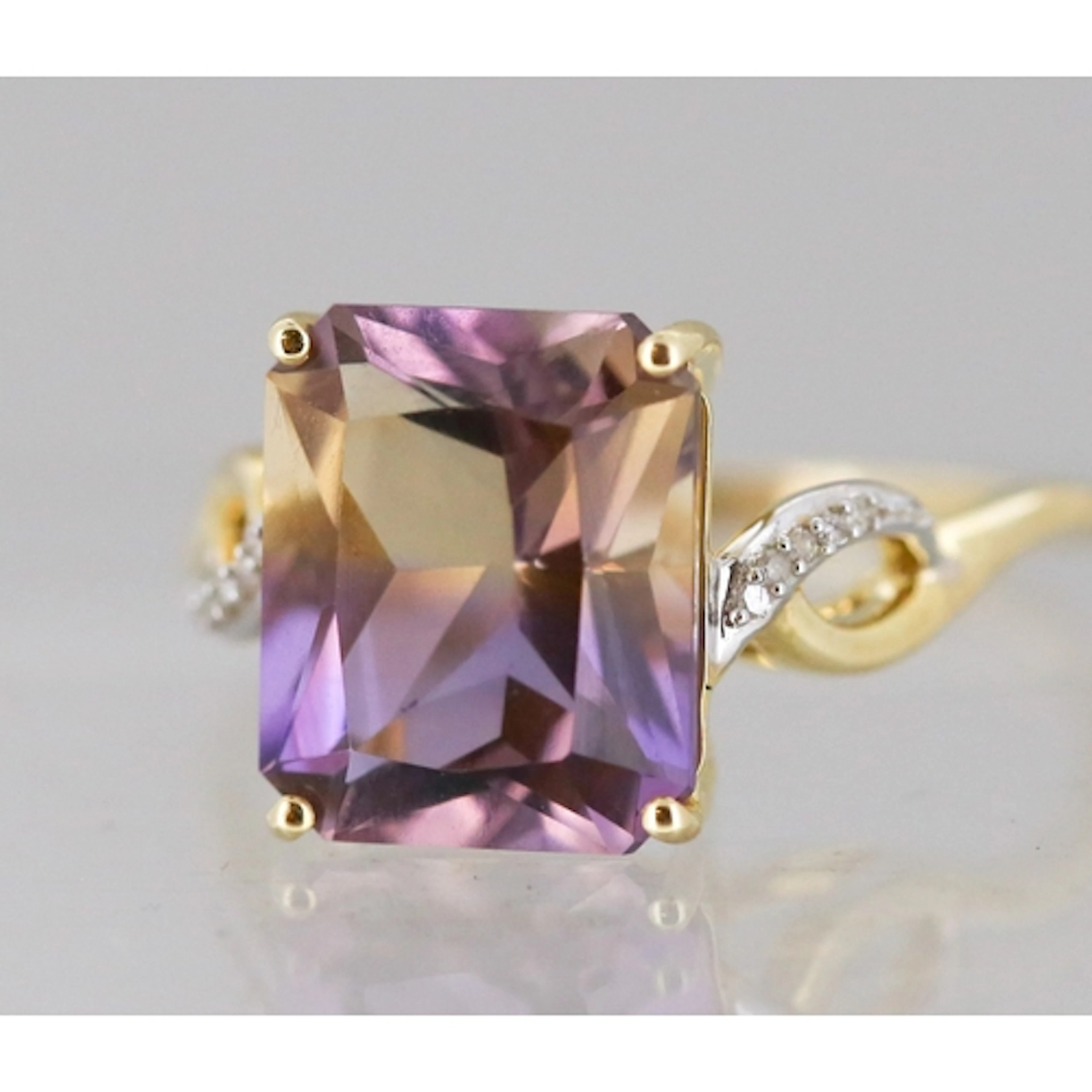 Ametrine Set Ring with Diamond Inset to Shoulders, Ribbon Mo...