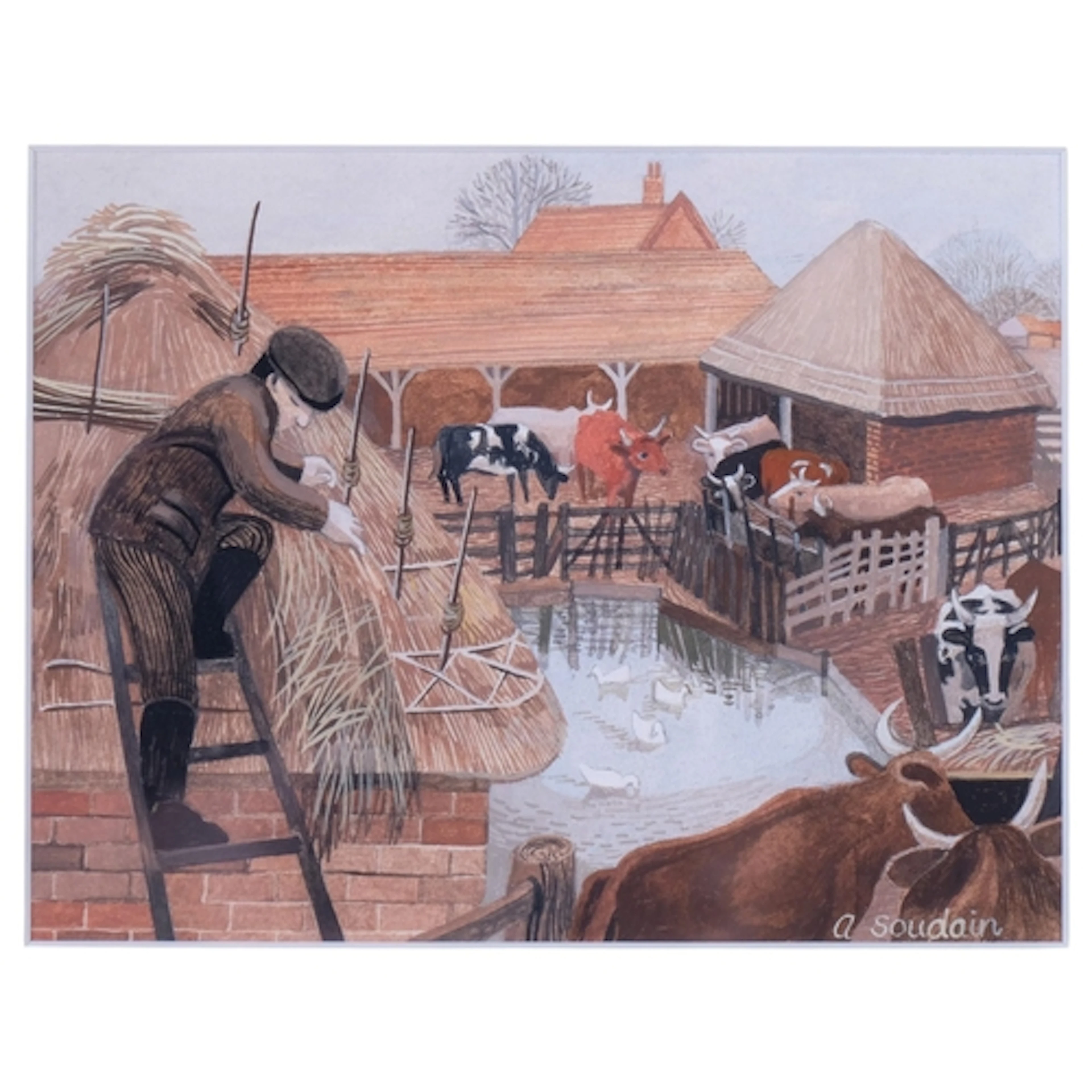 Annie Soudain (Rye artist), thatcher in the farmyard, waterc...