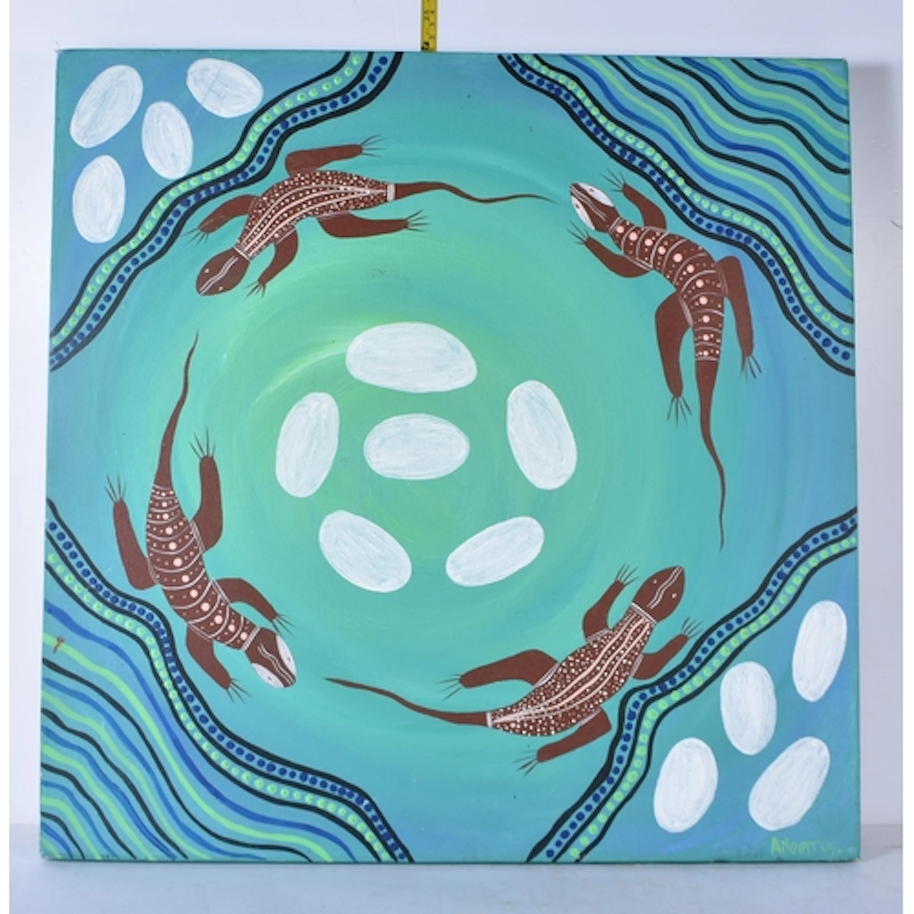 An Australian Aboriginal dot art style picture on canvas sig...
