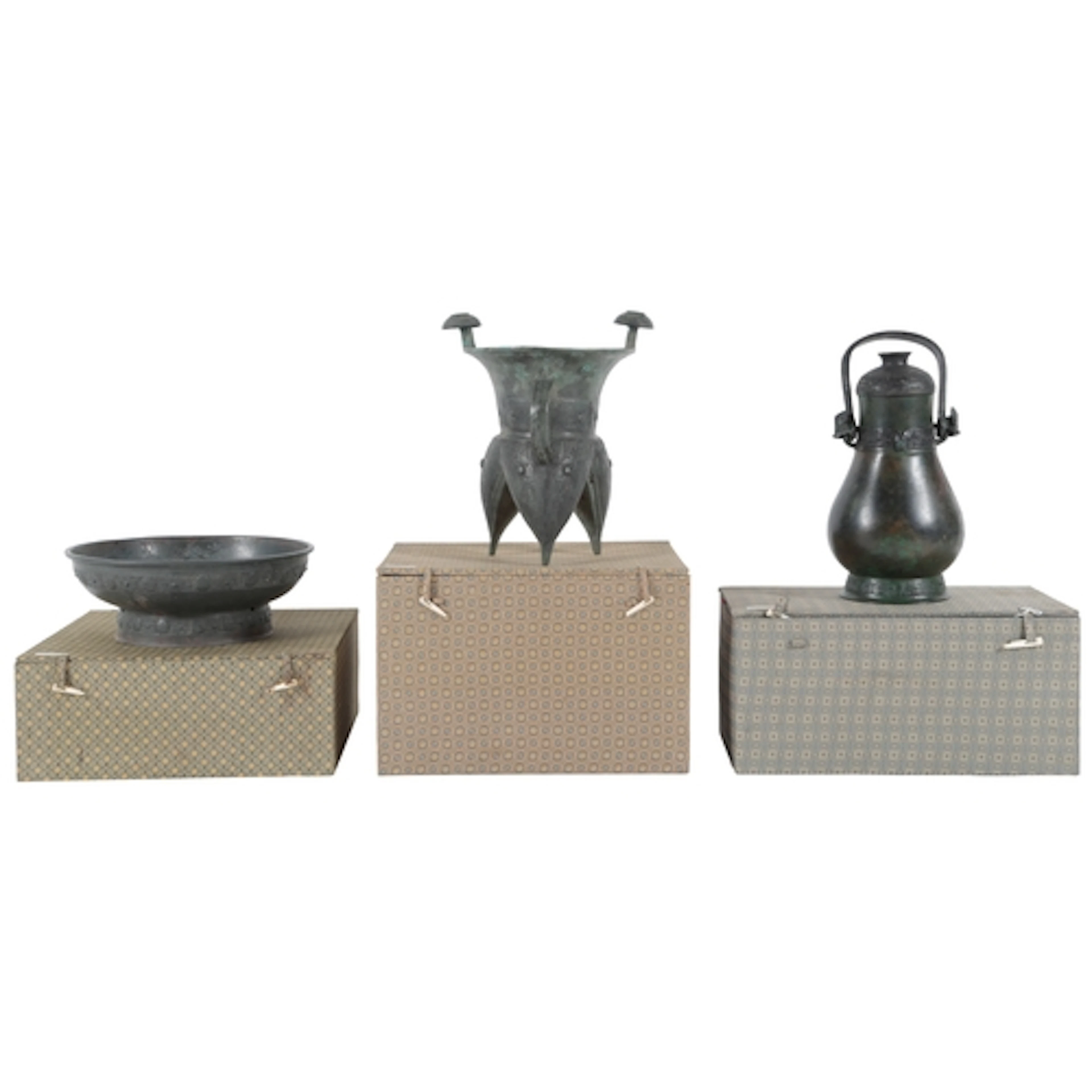 Three Chinese patinated bronze archaistic models of a You, J...