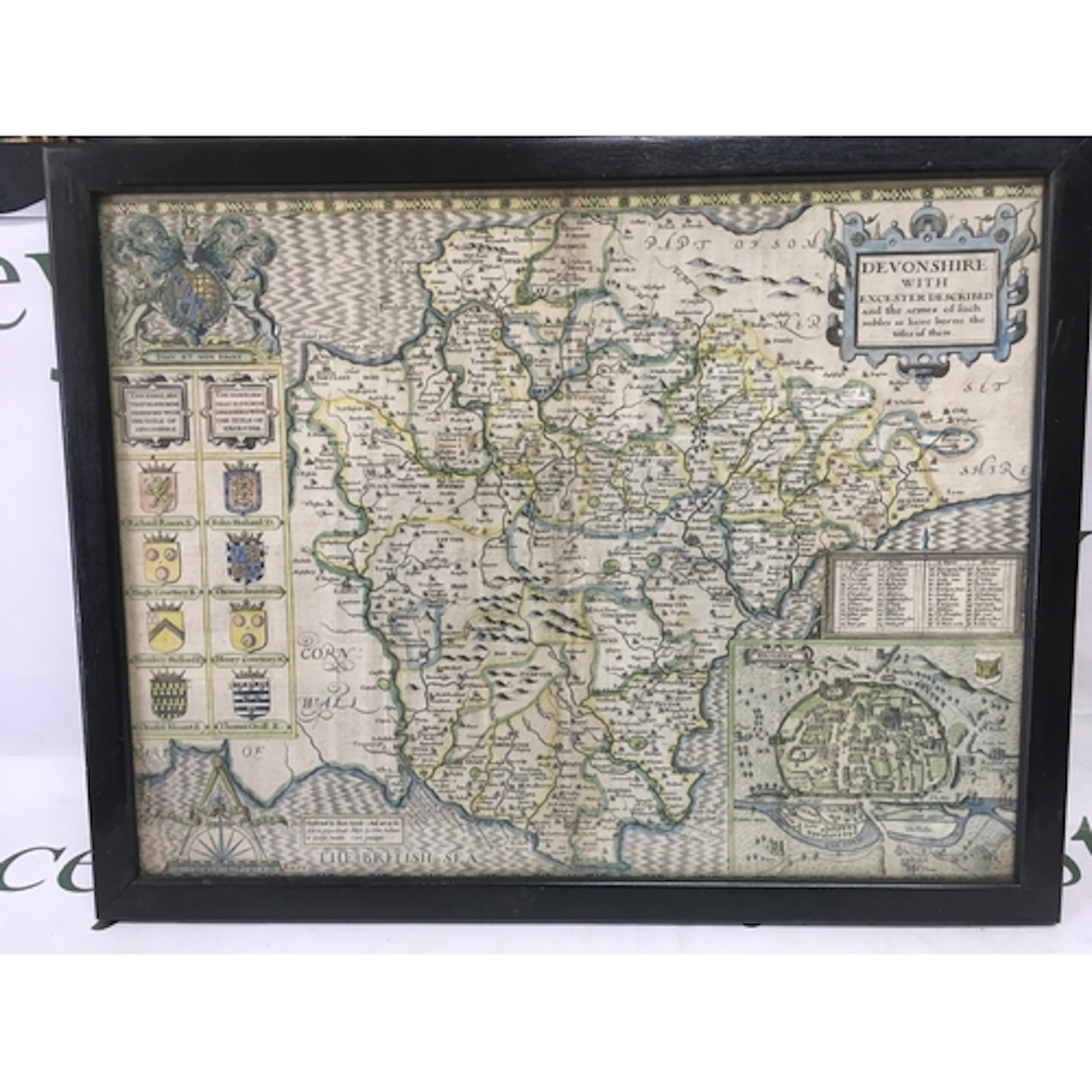 John Speed framed map of Devonshire with glass back to both ...