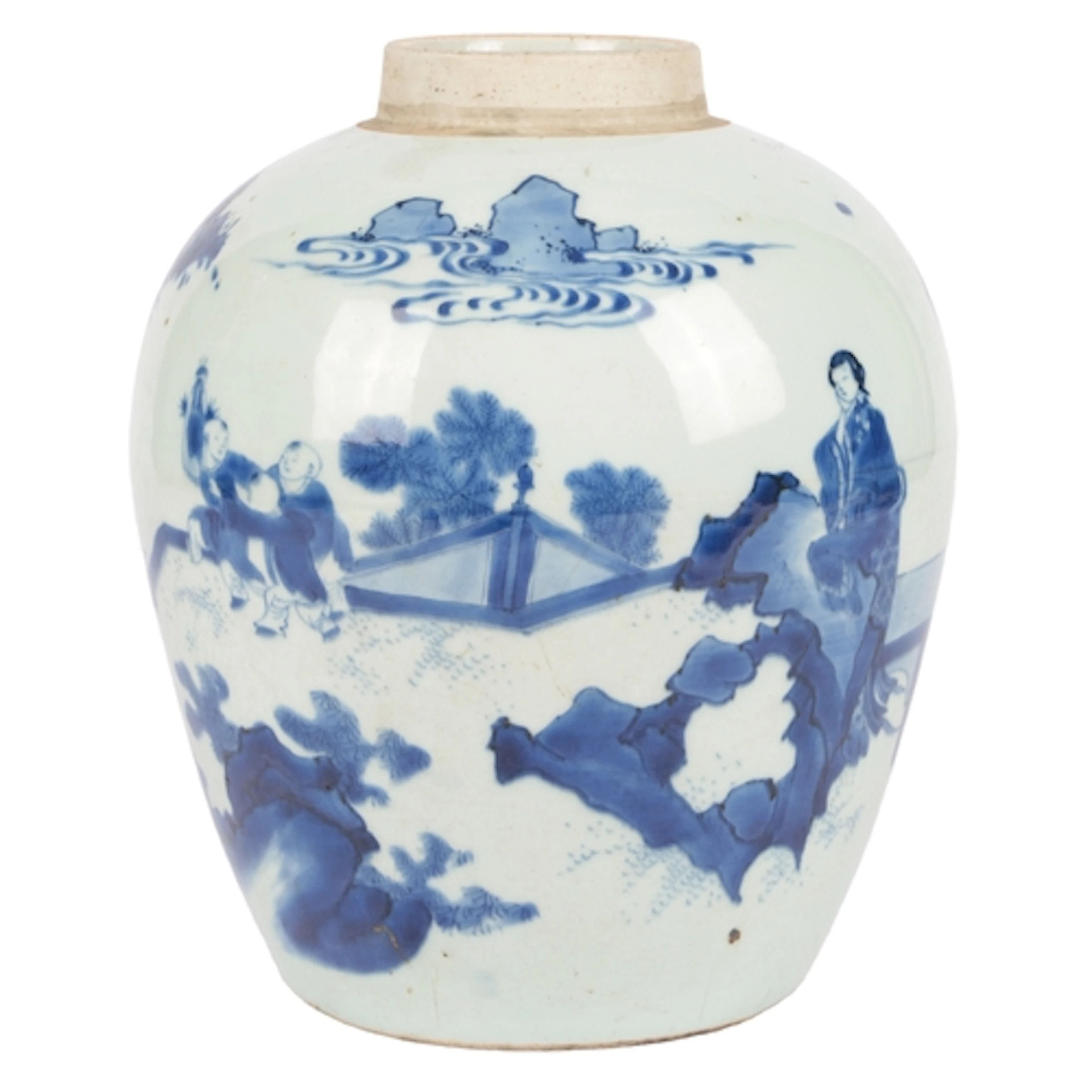 A Chinese blue and white 'lady and boys' jar, Transitional p...