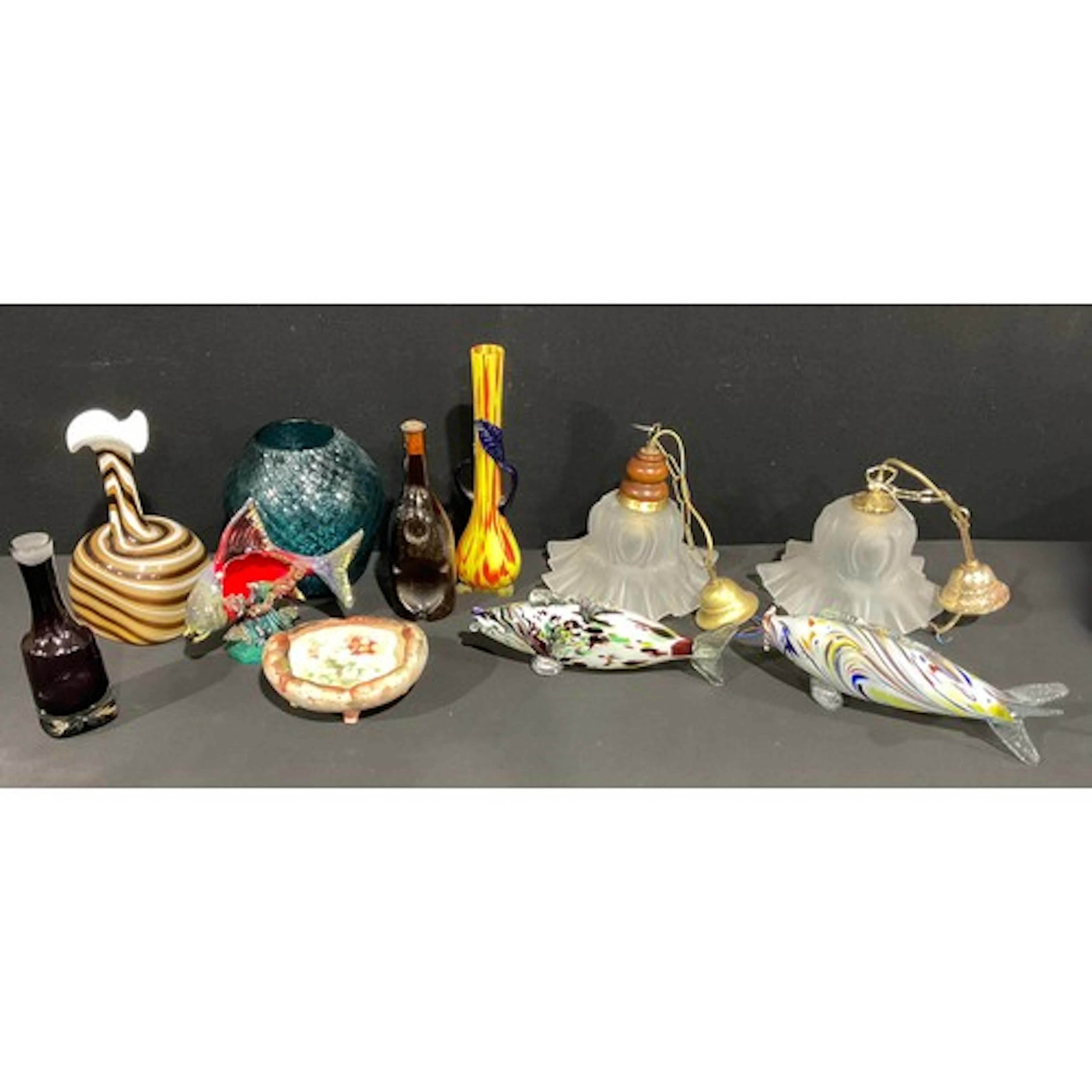 A Murano style glass fish, 34cm long; another similar; a Sca...