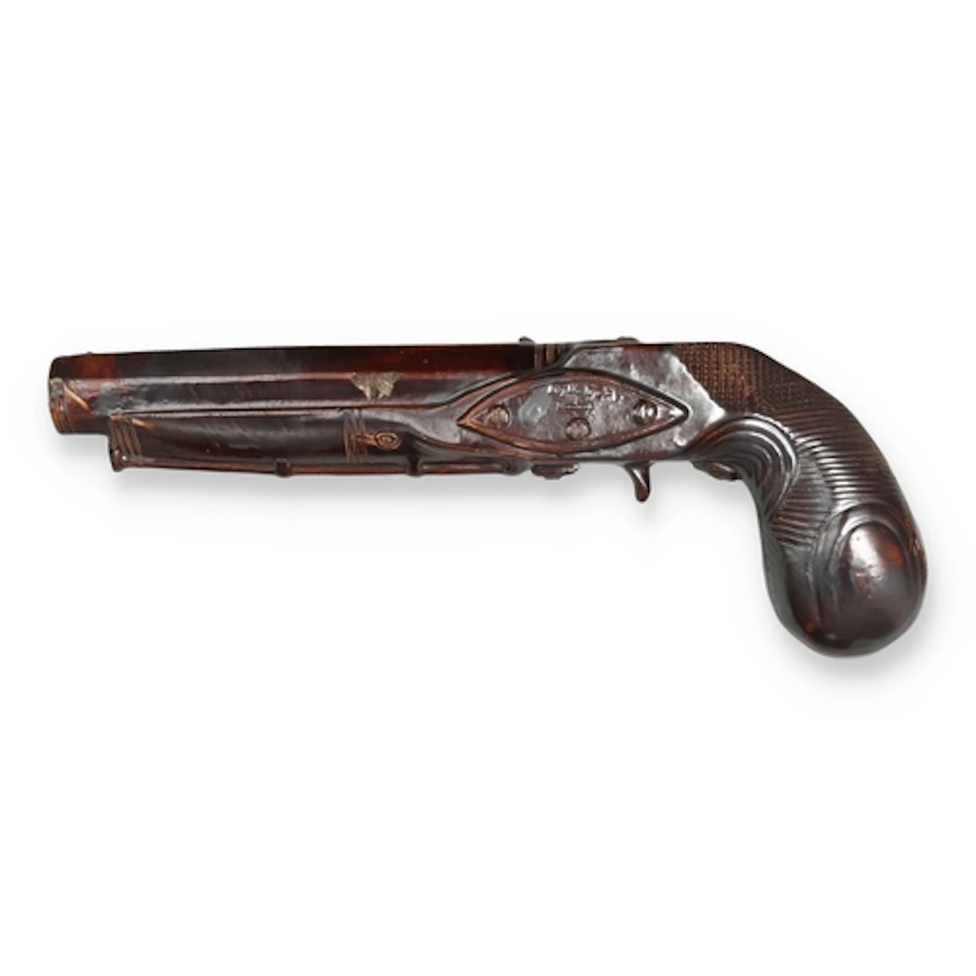 A STEPHEN GREEN SALT-GLAZED POTTERY FLINTLOCK PISTOL FLASK, ...