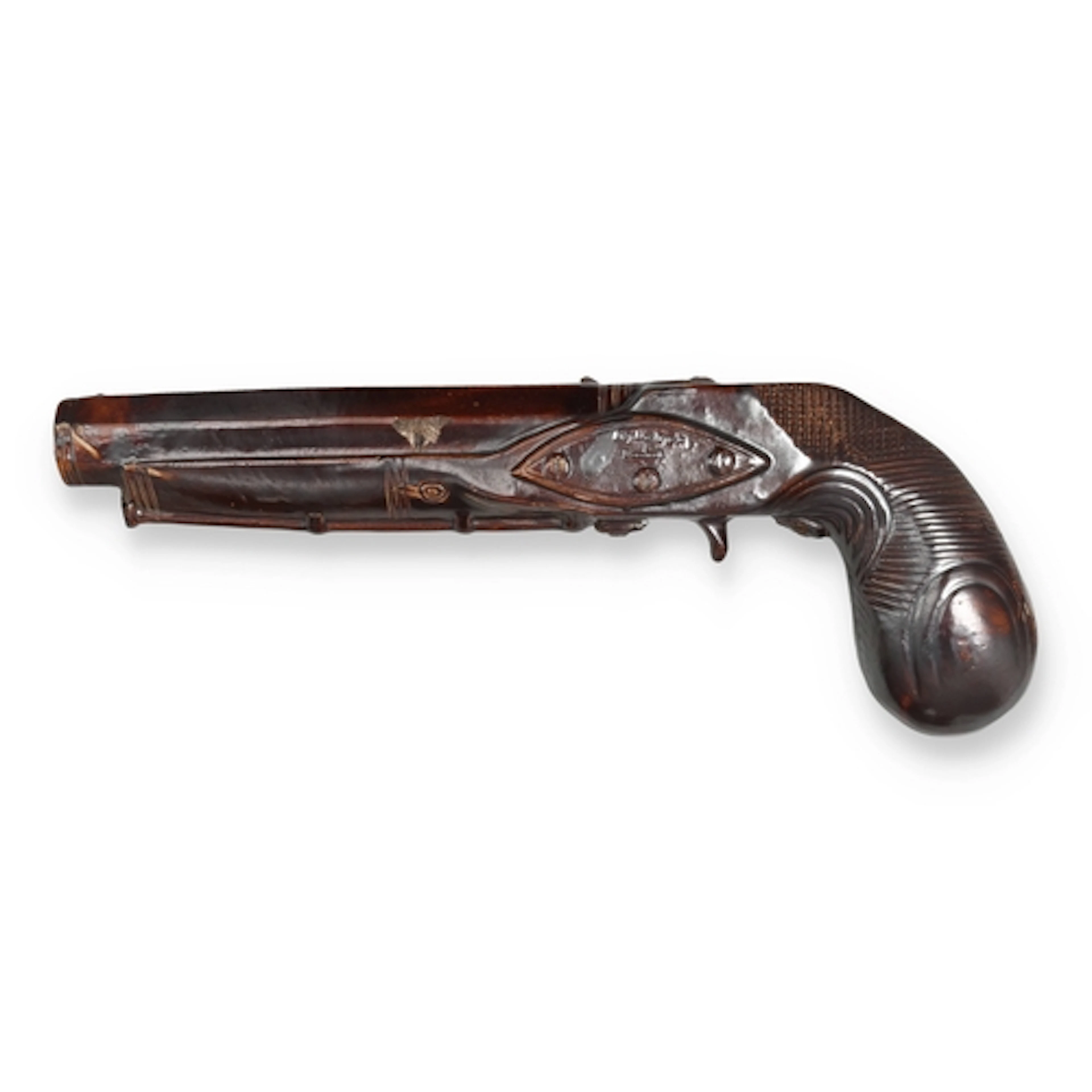 A STEPHEN GREEN SALT-GLAZED POTTERY FLINTLOCK PISTOL FLASK, ...