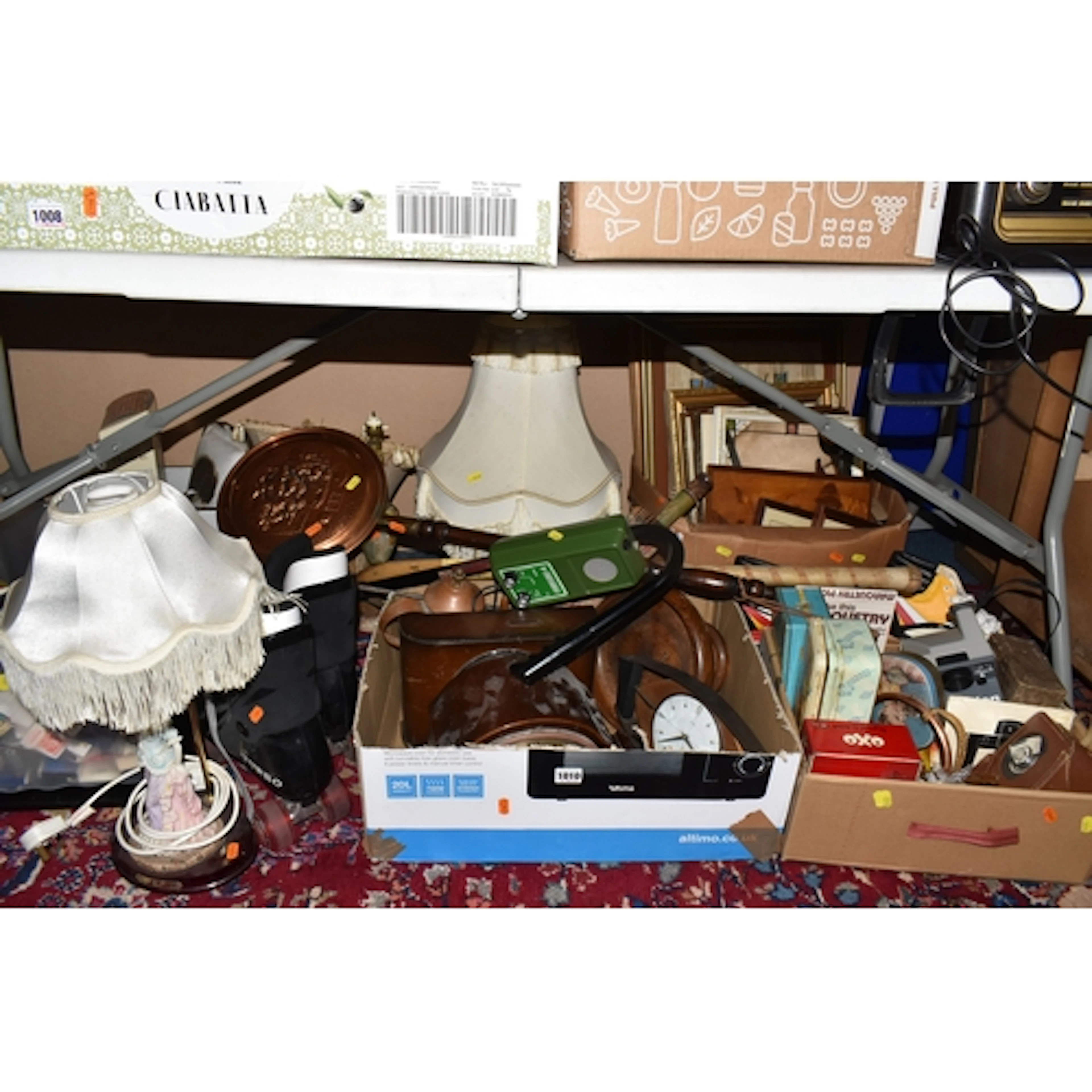 FOUR BOXES AND LOOSE CLOCKS, LAMPS, PICTURES AND SUNDRY ITEM...