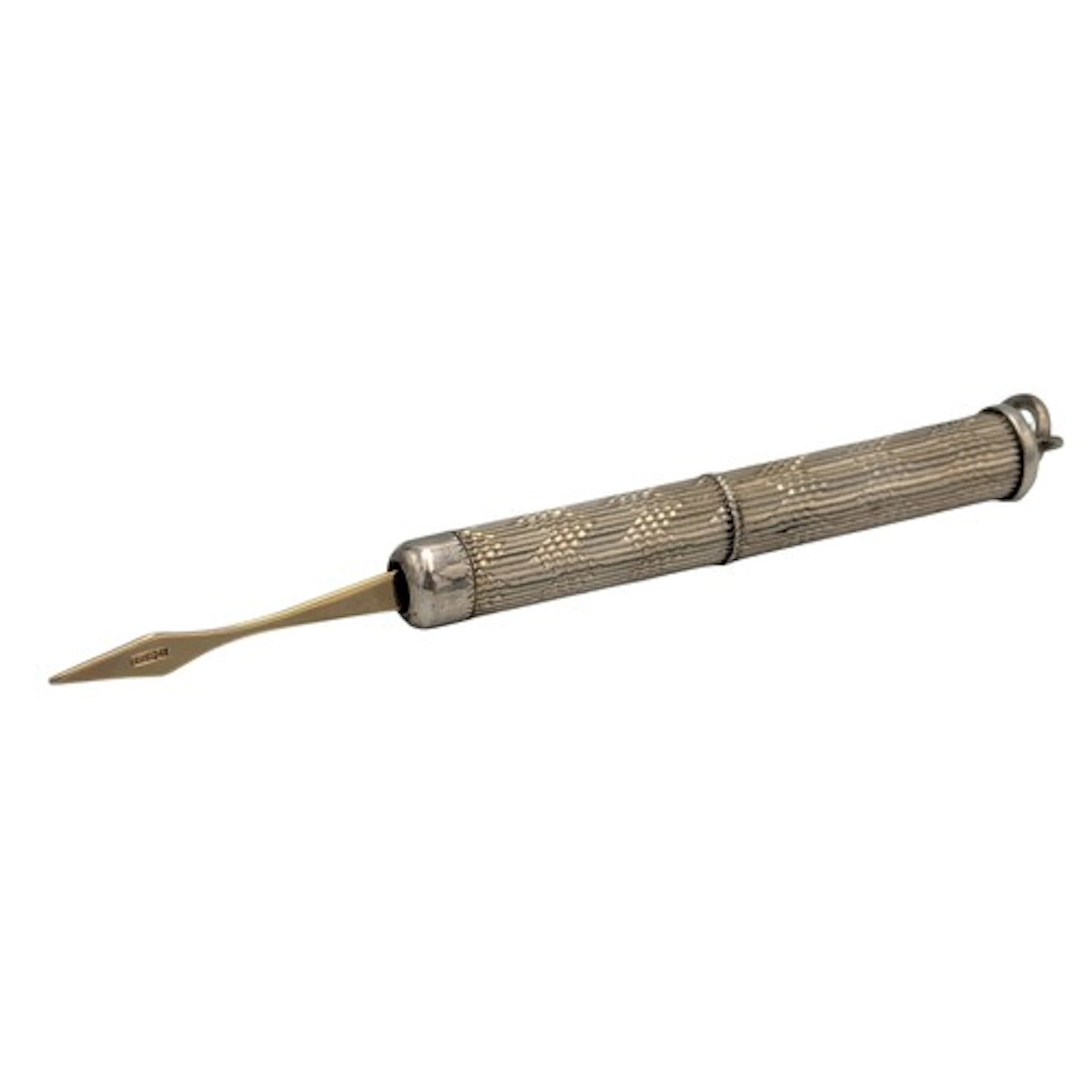 A 9ct gold and silver twist action tooth pick, tip stamped 9...