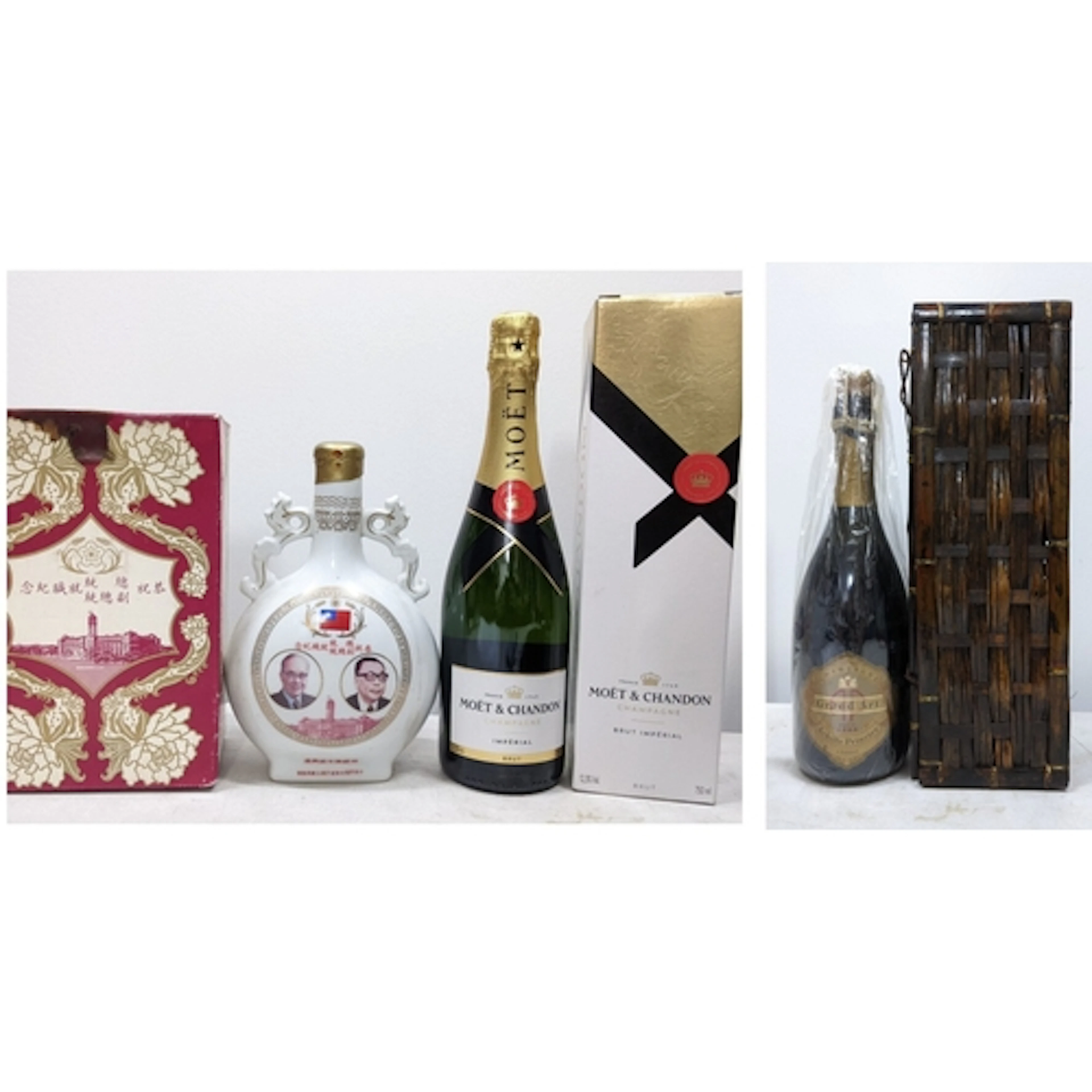 Three bottles of Champagne and commemorative spirit, compris...