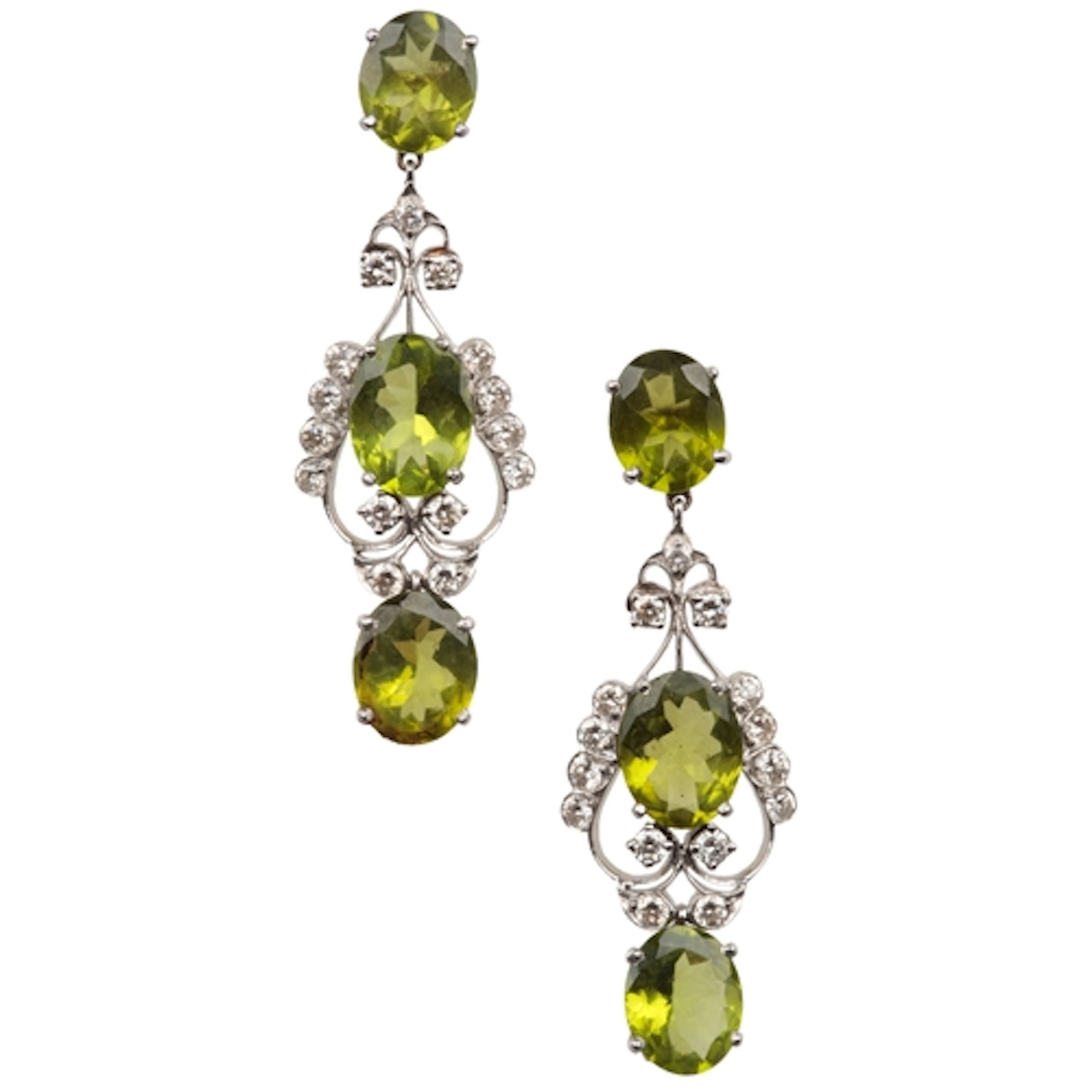 A pair of peridot and diamond earrings, of foliate drop desi...