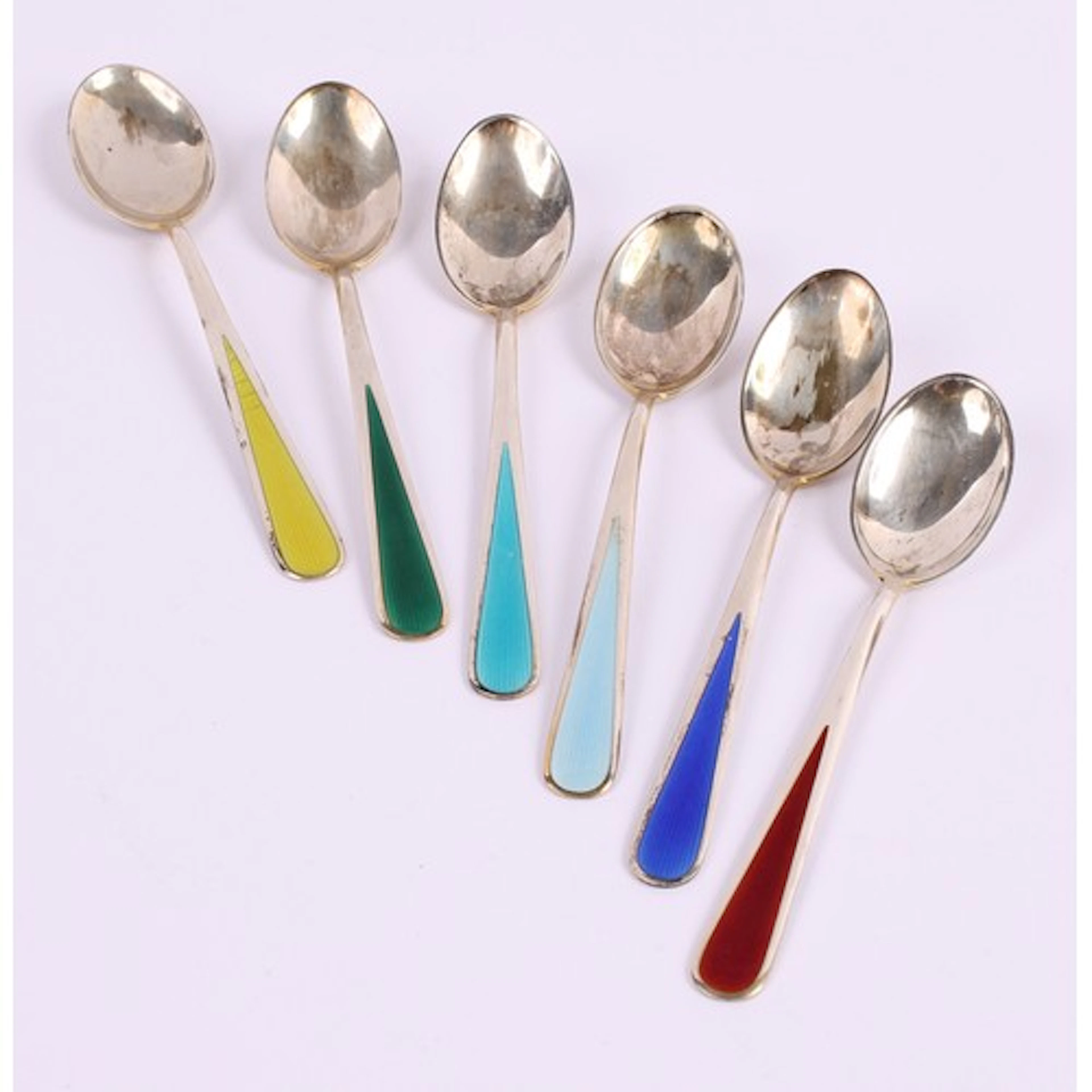 A set of six Norwegian sterling silver and guilloche enamel ...