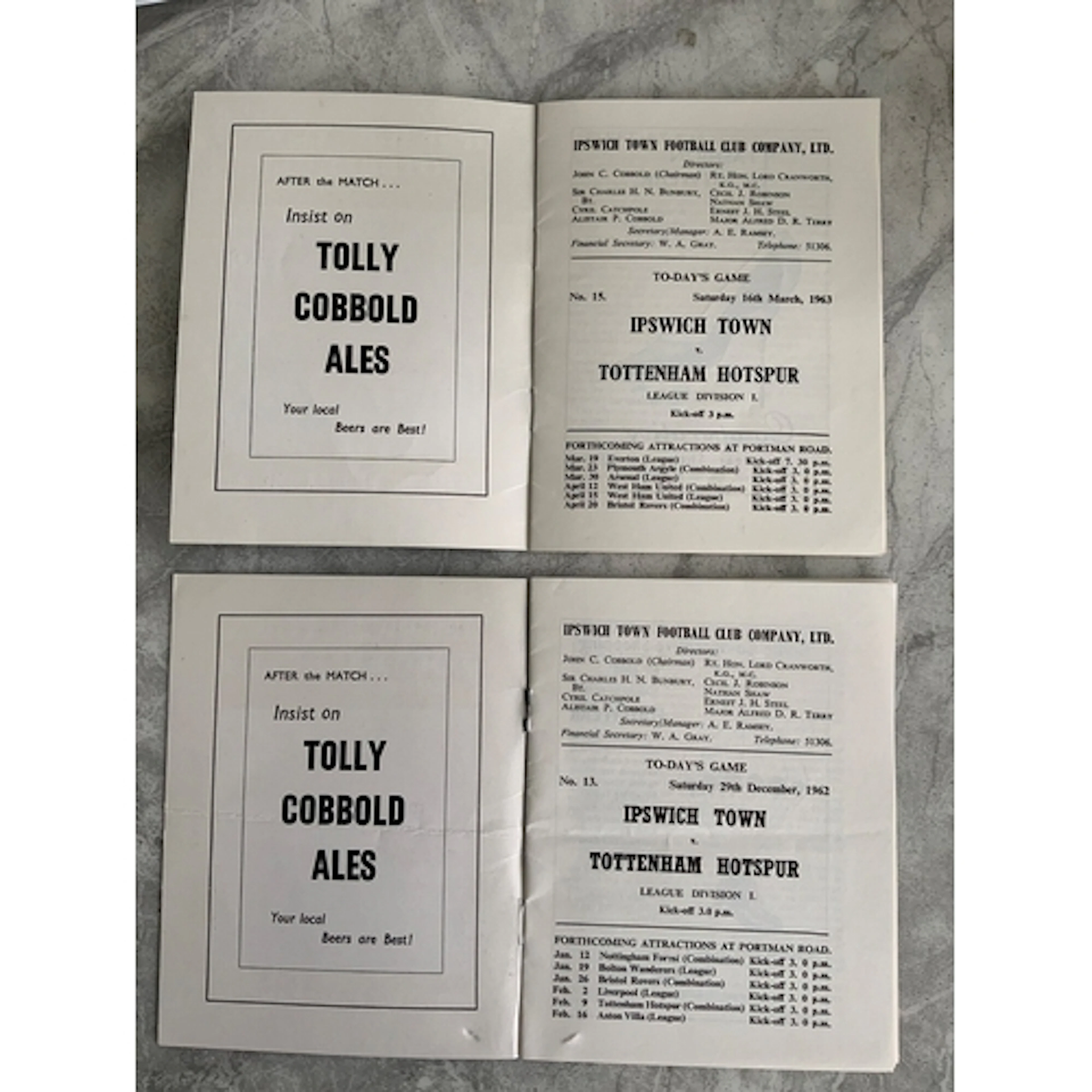 62/63 Ipswich Town v Tottenham Postponed Football Programme:...