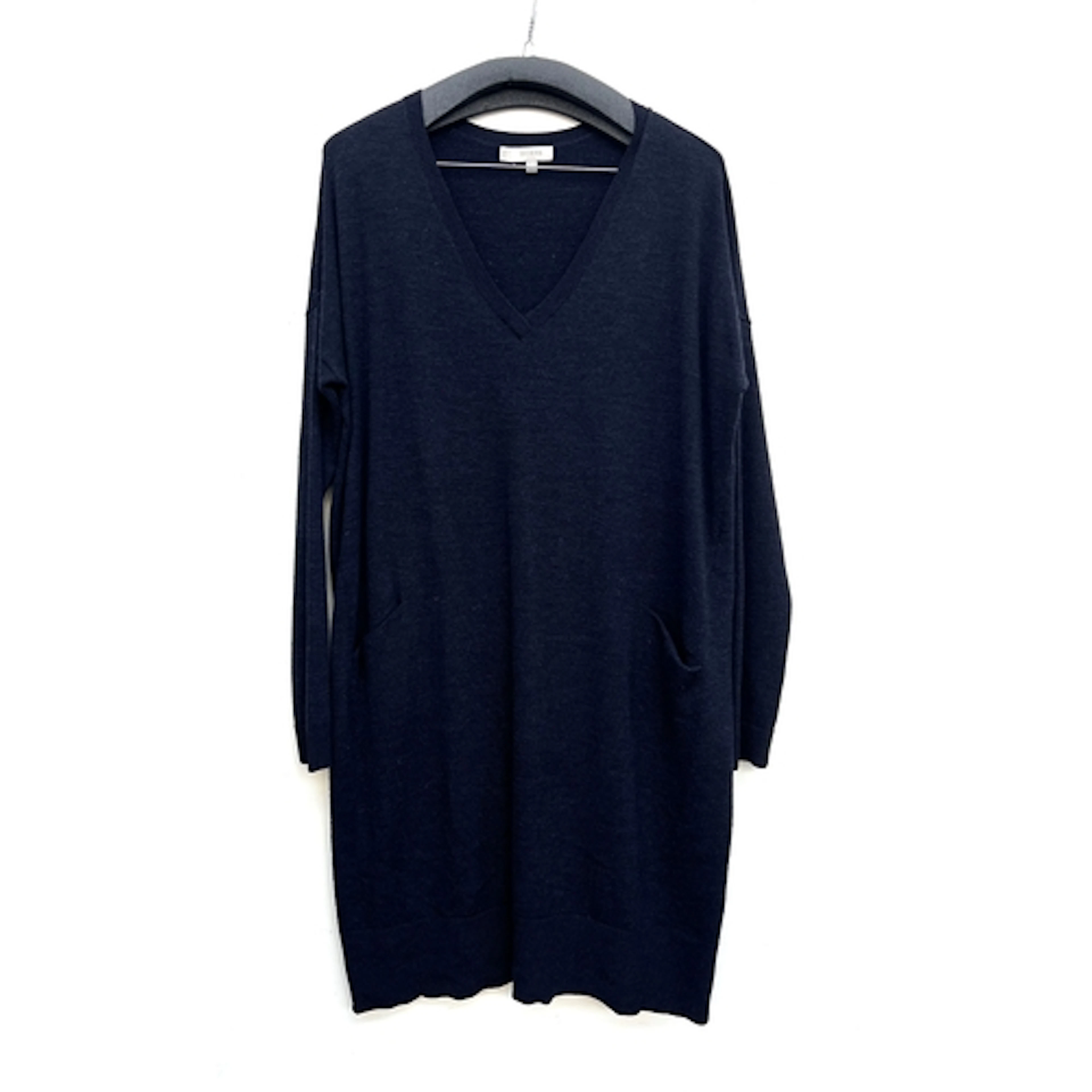 A Hobbs navy blue wool long cardigan with pockets, size 12