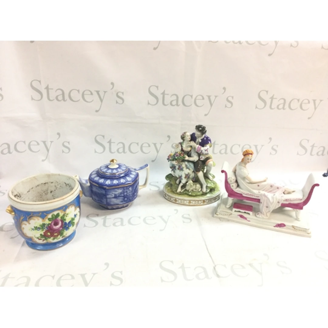 Two Retrospective German figure groups, blue and white teapo...