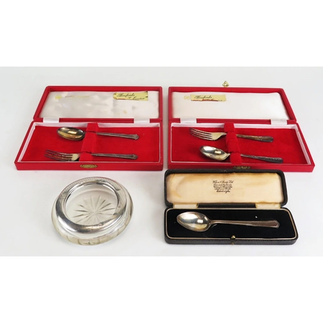 Two silver part christening sets, christening spoon and silv...