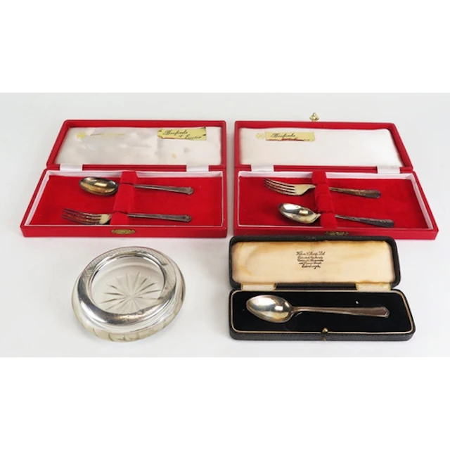 Two silver part christening sets, christening spoon and silv...