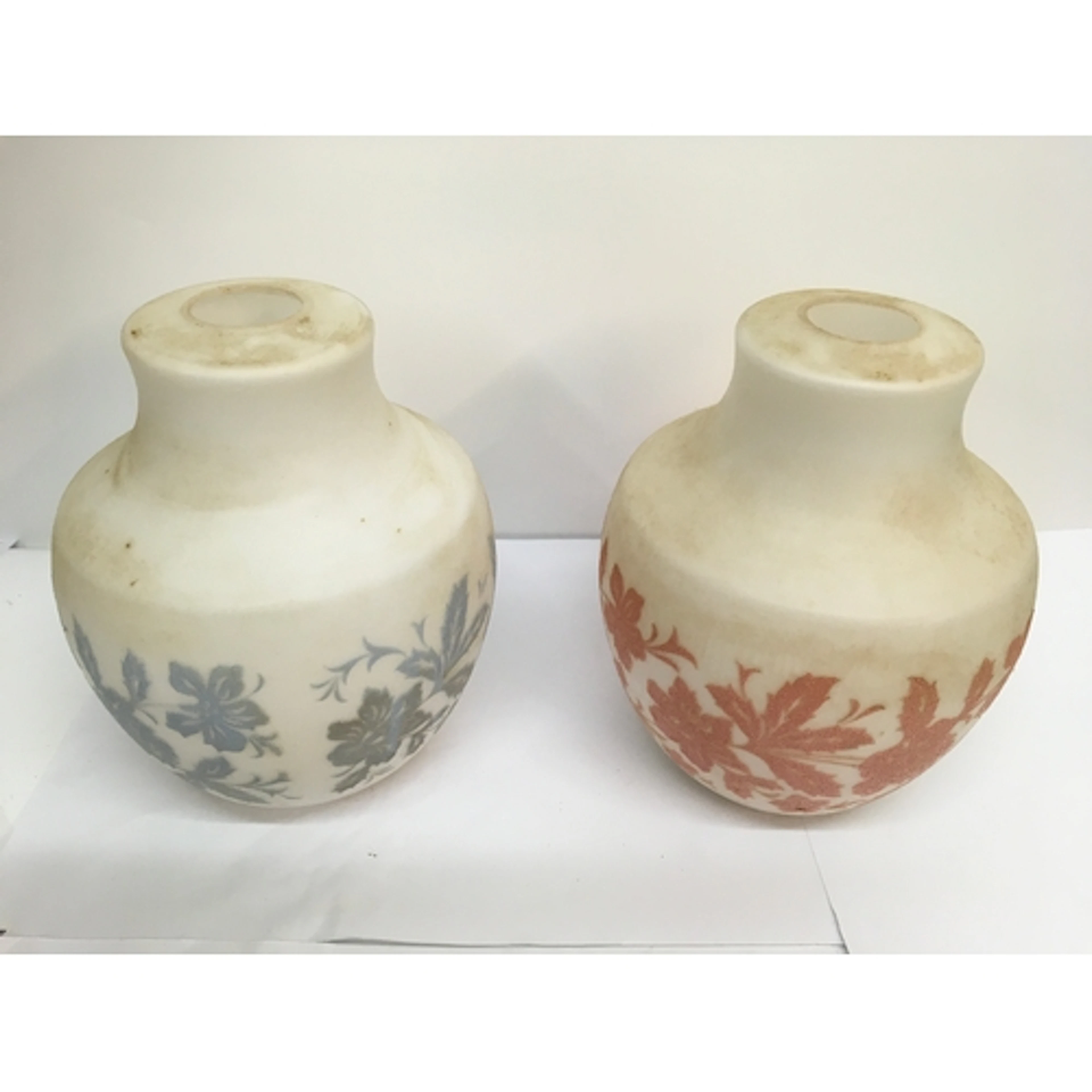 A pair of opaque glass shades relief decorated with coloured...
