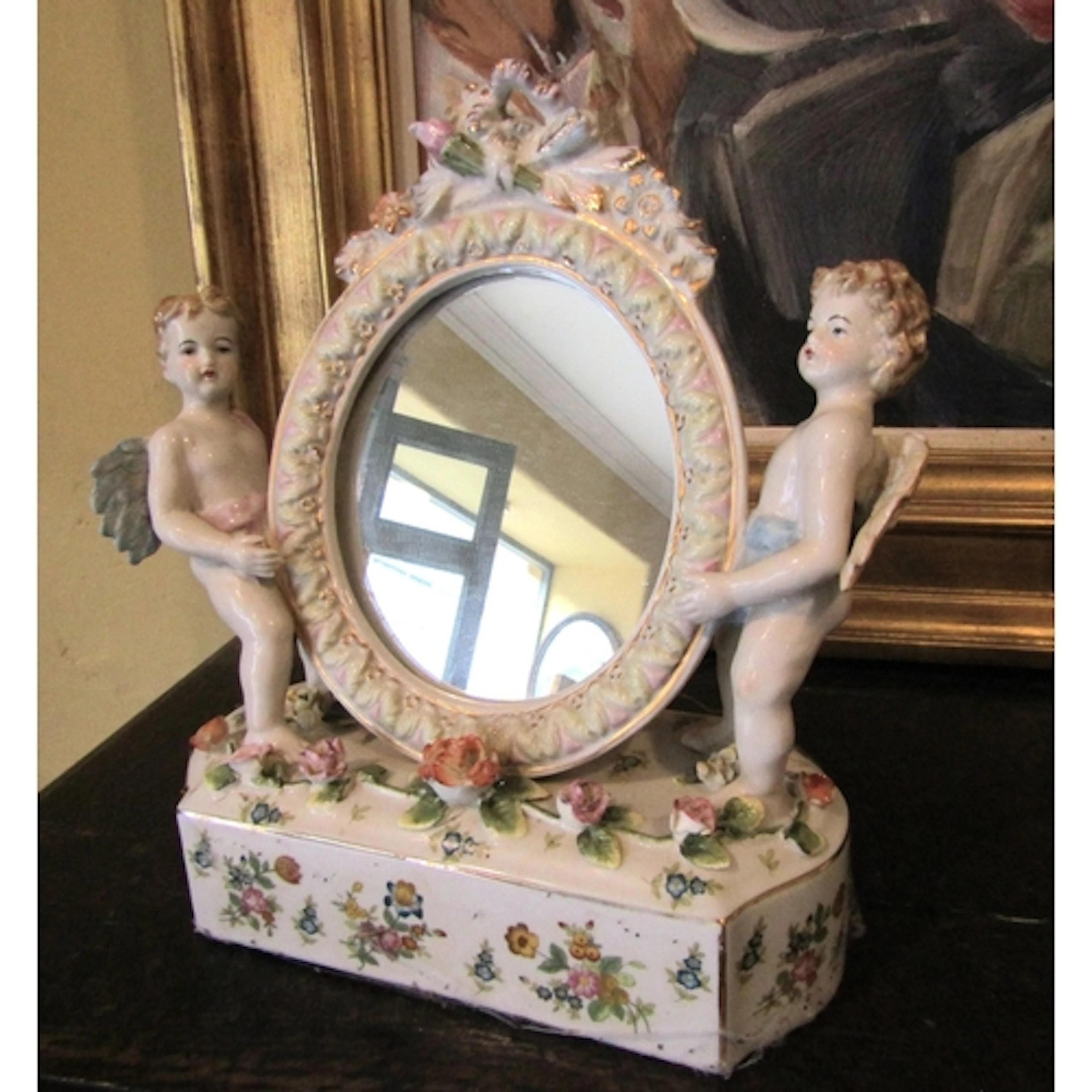 Continental Porcelain Dressing Table Mirror with Cherub Moti...