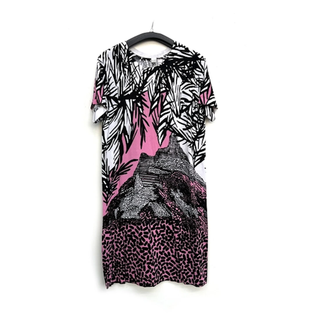 A Diane von Furstenberg white, black and pink dress in a lan...