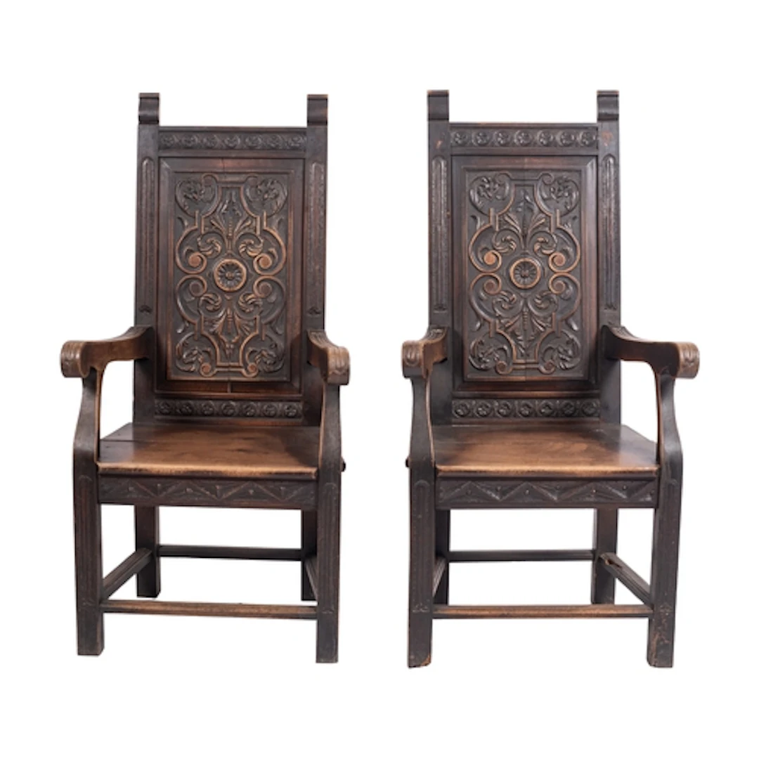 A pair of oak wainscot chairs in 17th century style, late 19...