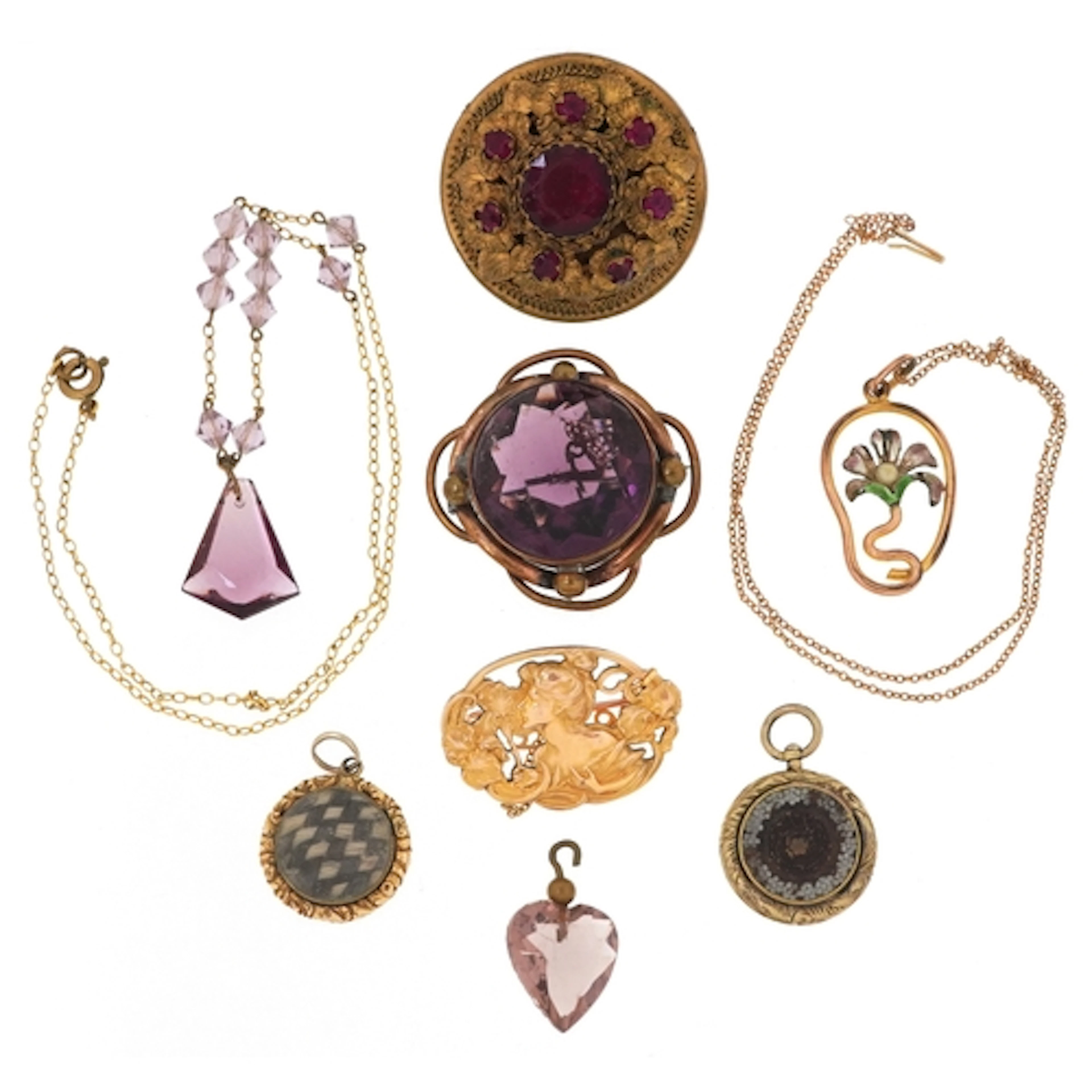 Antique and later jewellery including a Victorian hairwork m...