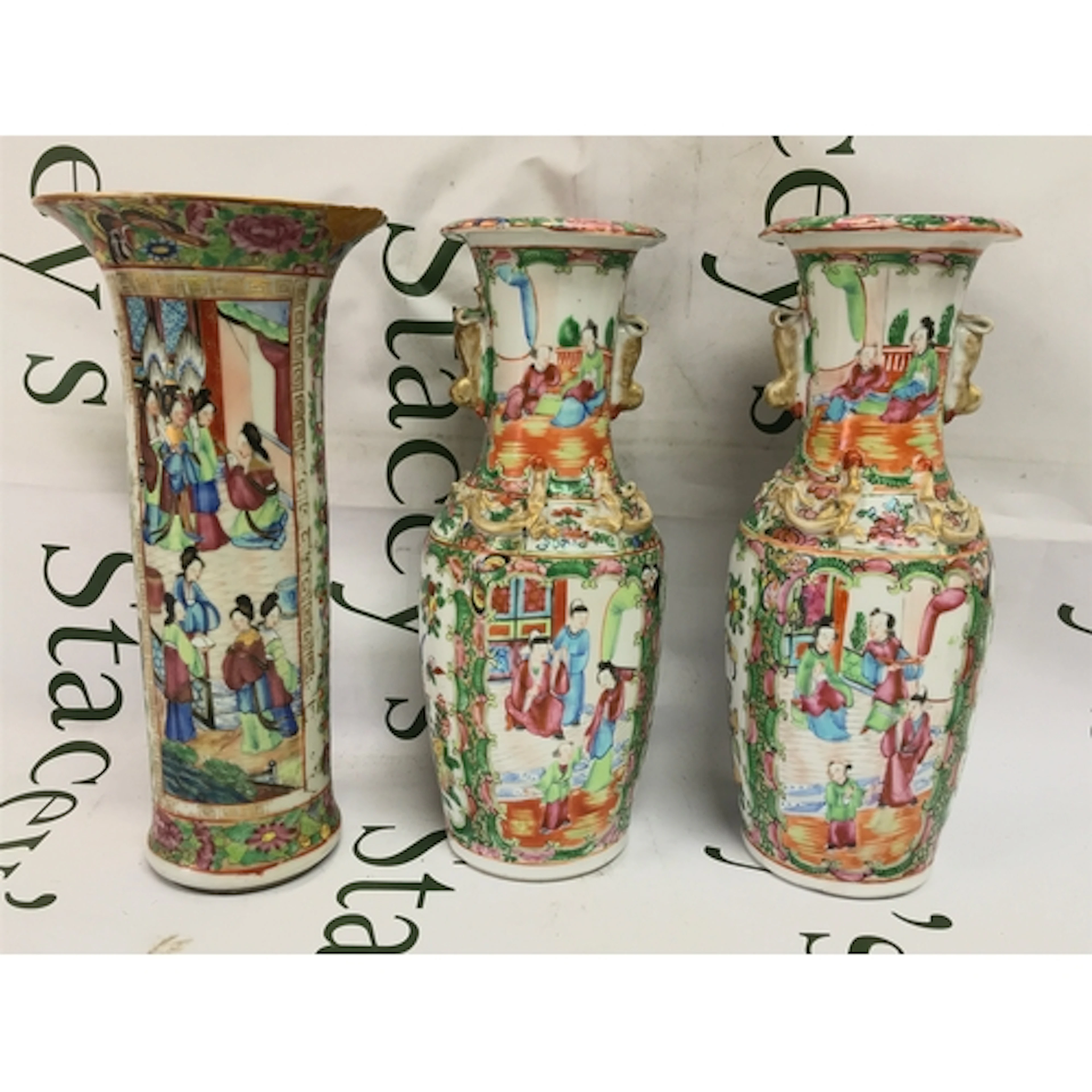 Three Cantonese vases famille rose, damage and restoration. ...