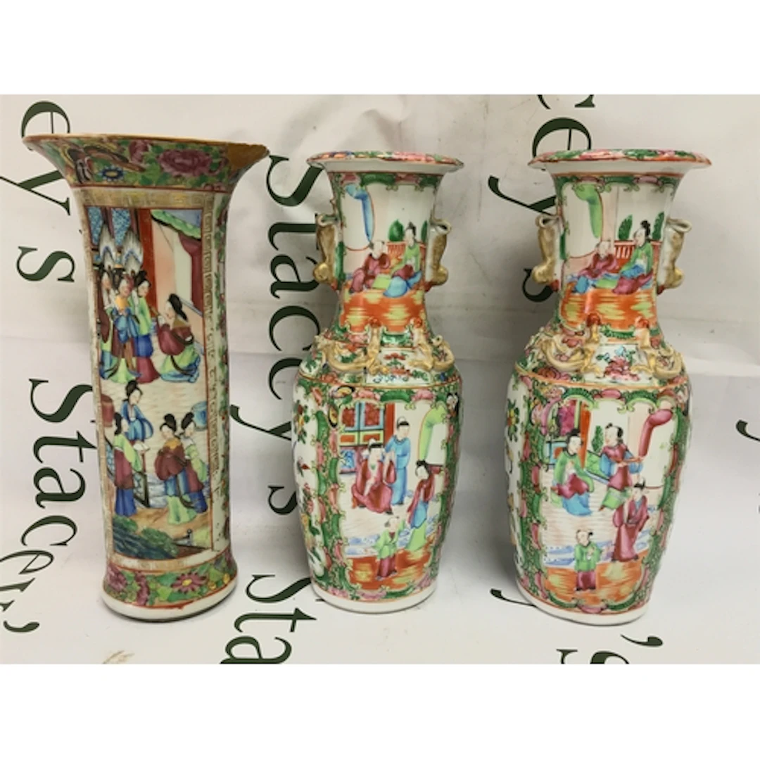 Three Cantonese vases famille rose, damage and restoration. ...