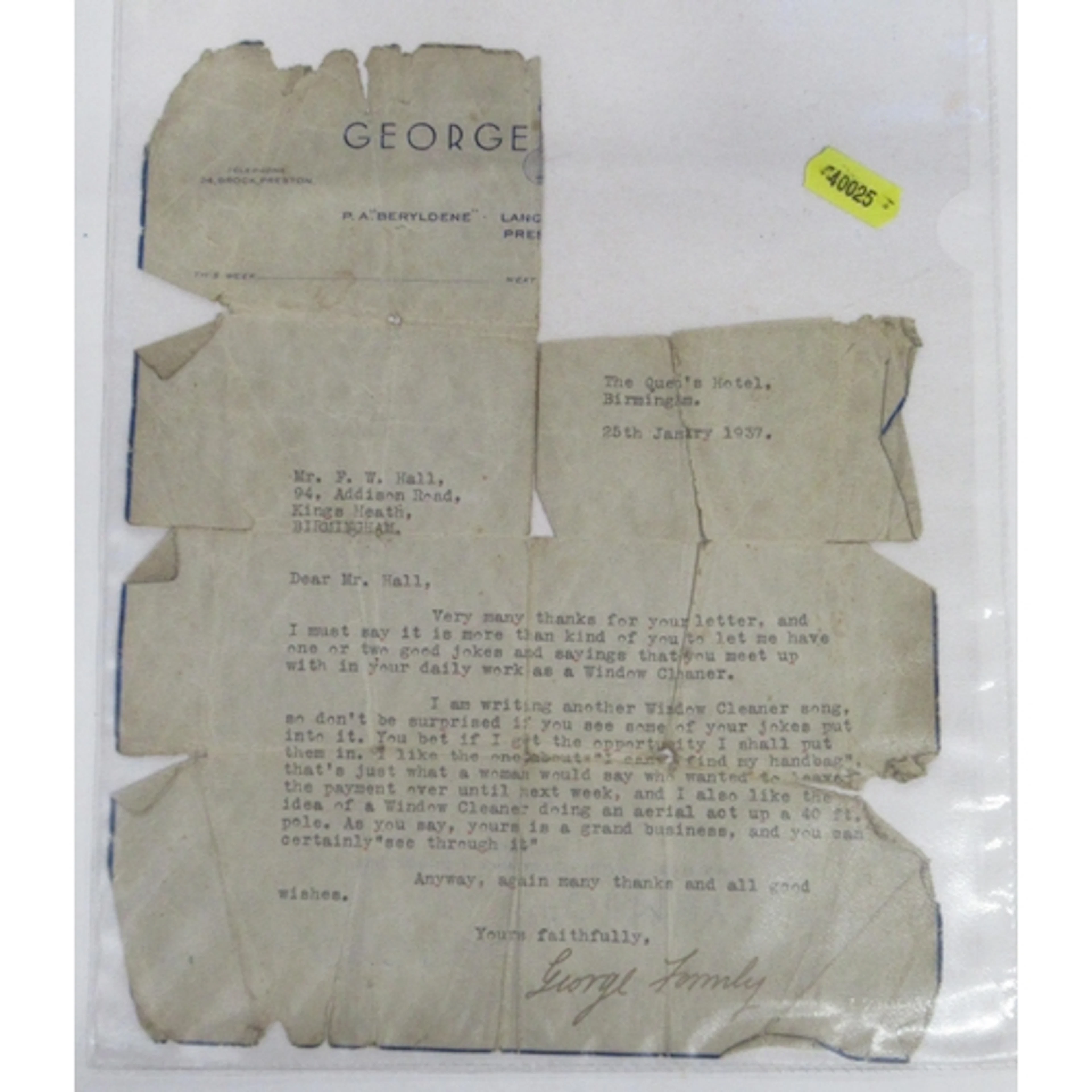 George Formby, a signed letter dated 1937