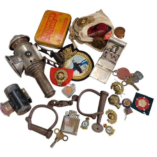 A box of various collectables, including an Antique pair of ...